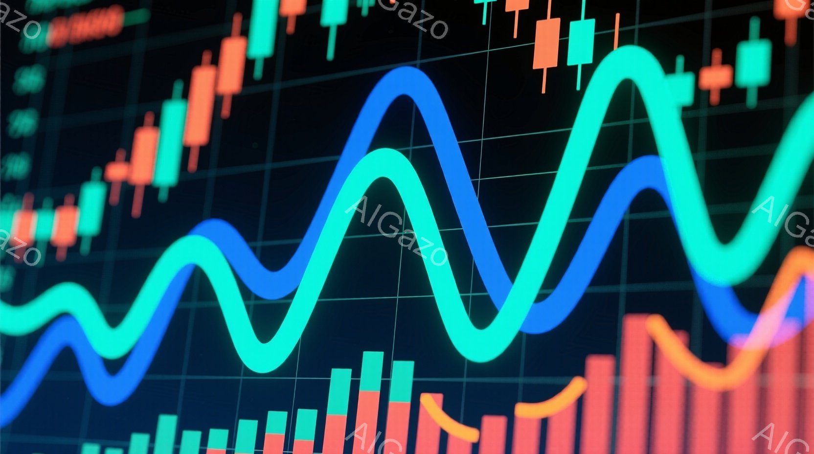 鮮やかなターコイズブルーとオレンジ色の線が、チャートの上を複雑に波打っています。背景には、赤と緑のキャンドルスティックチャートと棒グラフが密集しており、金融市場の変動を視覚的に表しています。全体的に、 - AI生成フリー素材
