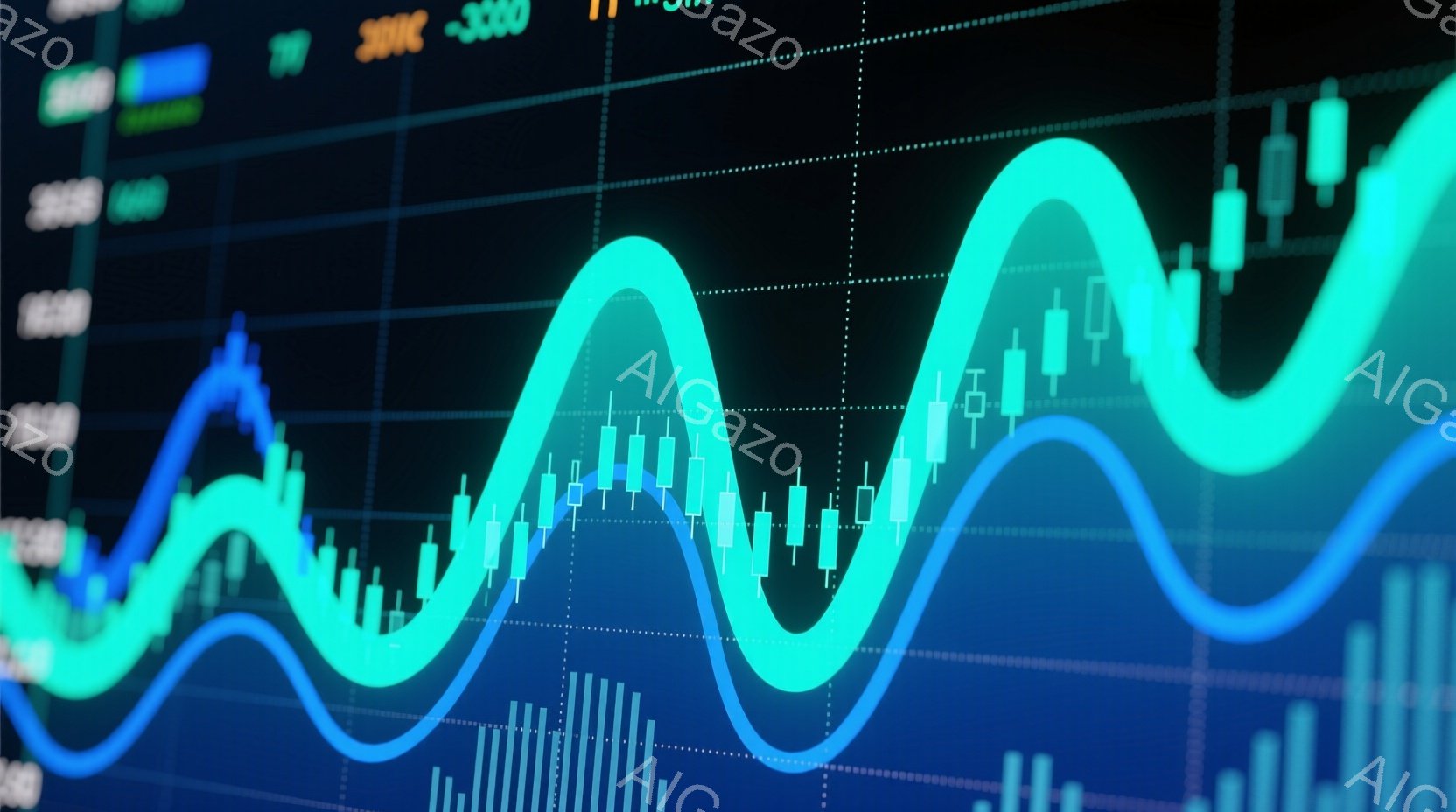 この画像は、鮮やかな青とターコイズの線が重なり合った金融チャートを表現しています。キャンドルスティックチャートが青い波形の上に重ねて表示され、市場の変動を示す視覚的な表現となっています。背景は暗く、デ - AI生成フリー素材