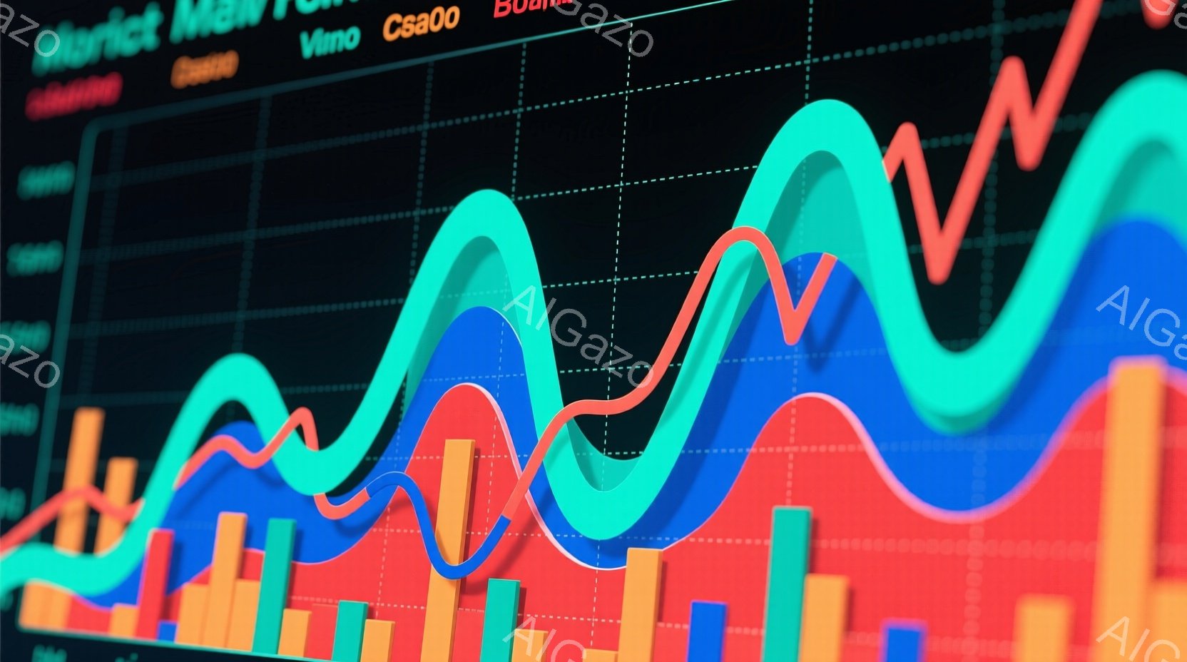 この画像は、株式市場のチャートのクローズアップです。鮮やかなターコイズブルー、オレンジ、そしてネイビーブルーの線が複雑に絡み合い、棒グラフと組み合わさって、ダイナミックな金融データの視覚的表現となっています。背景は暗く、グラフの鮮やかな色彩が際立っており、市場の変動と活気を伝えています。