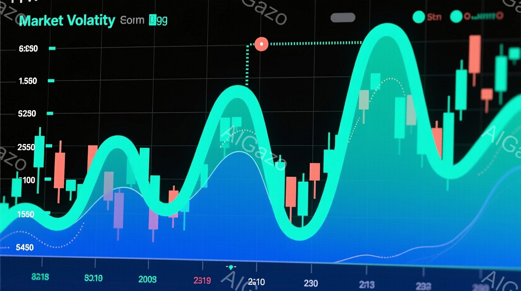 この画像は、青色の背景に重ねられたキャンドルスティックチャートと、それを覆う緑色の曲線で構成されています。キャンドルスティックは上昇と下降を示す赤と緑で表示され、緑色の曲線は、市場のトレンドまたは移動平均線を示しているようです。全体として、これは金融市場の変動や価格変動を示すテクニカル分析のグラフです。