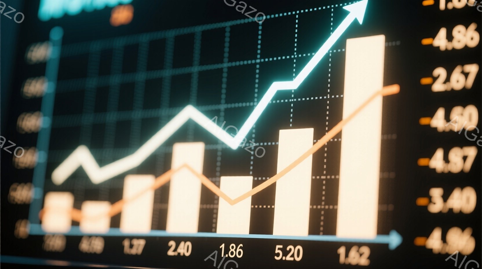 この画像は、明るい背景に配置された棒グラフと折れ線グラフを示しています。グラフは金融データまたは市場トレンドを示唆しており、数値ラベル（1.62、1.77、2.40、1.86、5.20など）が各バーの - AI生成フリー素材