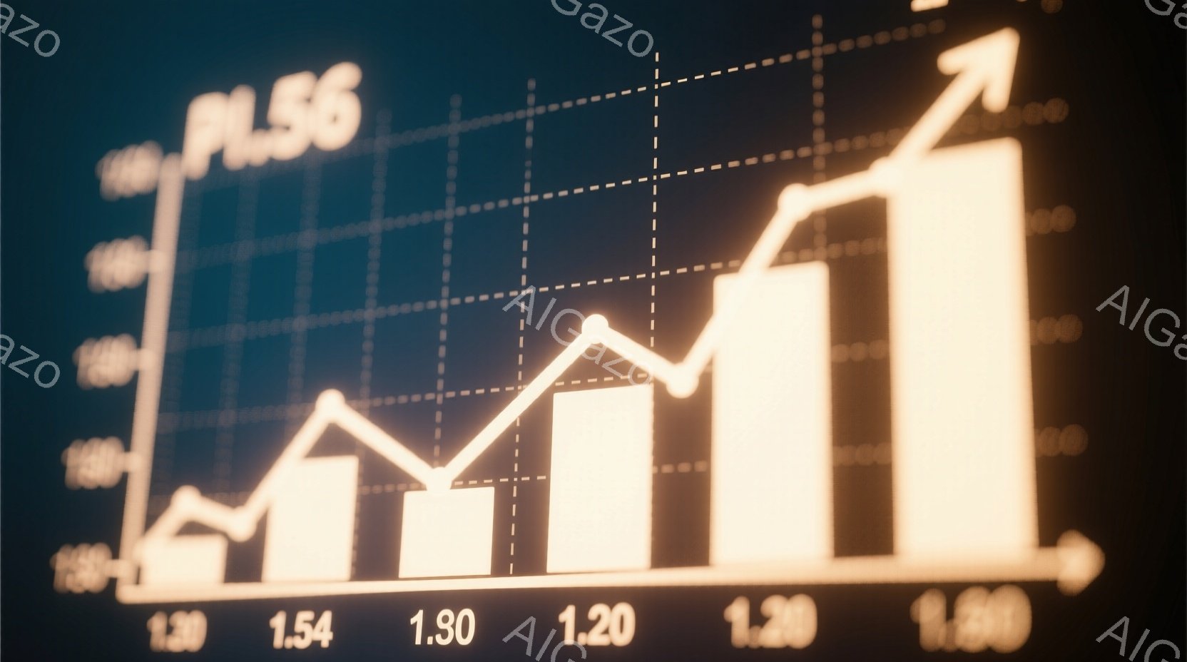 この画像は、白く光る棒グラフが描かれた背景で構成されています。グラフは徐々に上昇し、市場や経済の成長を示すような上昇トレンドを描いています。背景は暗い青色で、グラフが際立っており、全体的に希望と進歩的 - AI生成フリー素材