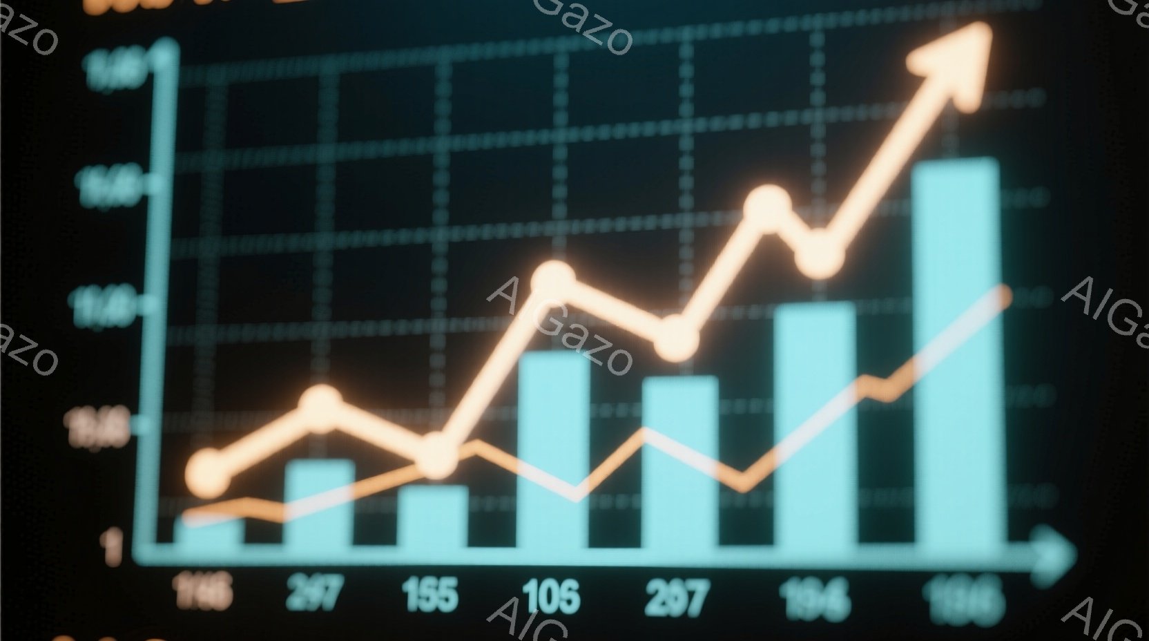 この画像は、明るい水色の棒グラフと、それらを横切る2本のオレンジ色の線グラフで構成されています。グラフは数値（105, 116, 155, 207, 207, 116）が示されており、全体的に右肩上がりの傾向を示しています。背景は暗いグレーで、グラフが強調されており、ビジネスや経済状況を表す視覚的な表現として機能しています。
