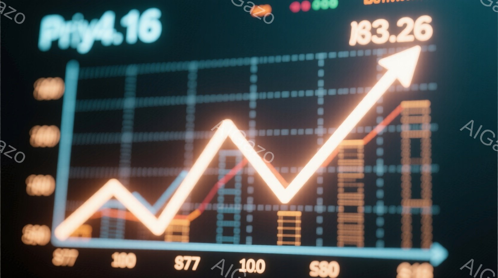 この画像は、株価チャートを表しており、オレンジ色の線が上昇と下降を繰り返しながら右肩上がりに進んでいます。背景はグレーがかった青色で、様々な数字やバーグラフがぼやけて表示されており、金融市場のダイナミ - AI生成フリー素材