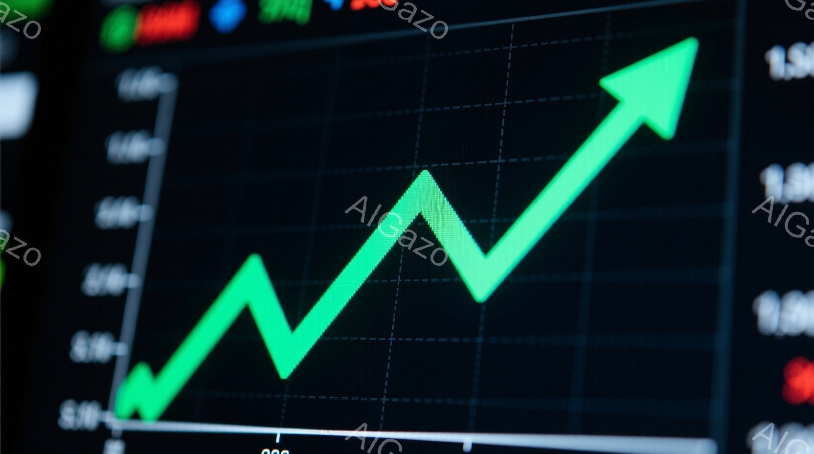 鮮やかな緑色の線が、暗い背景のグラフの上昇傾向を示している。背景には微かに赤と青の数字や記号が見え、金融市場のデータや株価チャートの一部を思わせる。全体的に、上昇トレンドと経済的な成長を強調した、ダイ - AI生成フリー素材