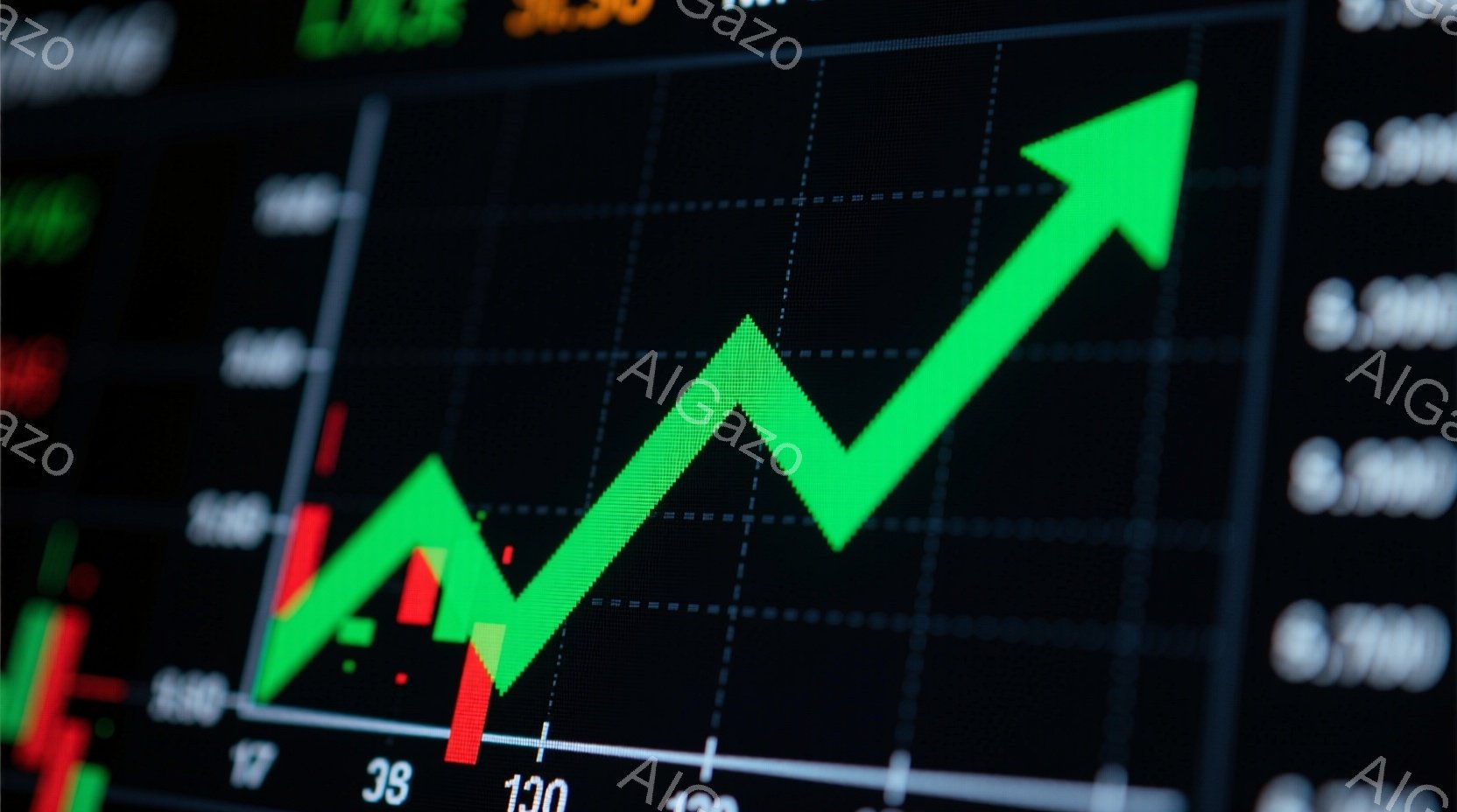 画面には、緑と赤の線で表された株価チャートが表示されています。緑色の線は上昇傾向を示し、赤色の線は下降傾向を示しています。背景は黒で、チャートの上部には数値が表示されています。