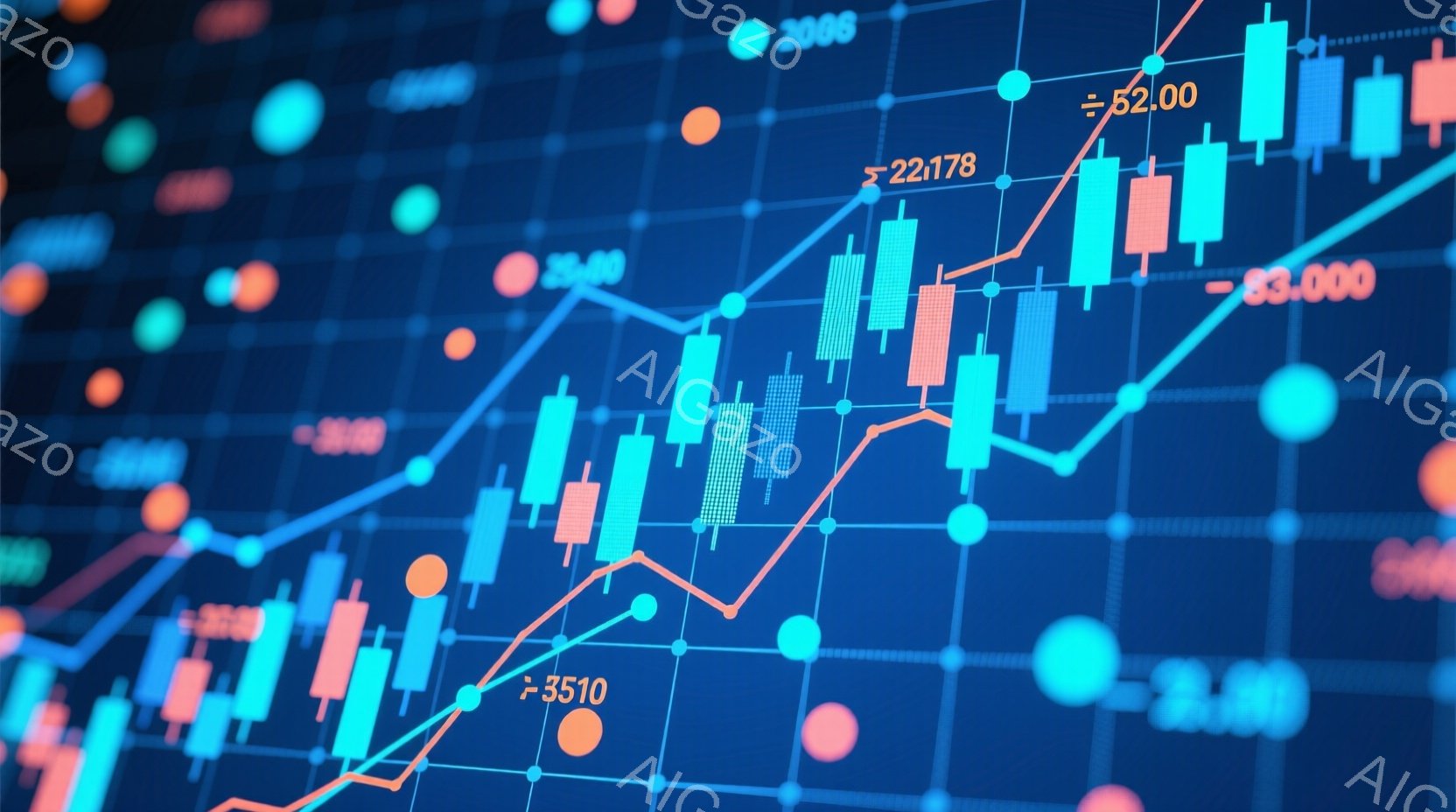 この画像は、青色の背景にカラフルなキャンドルスティックチャートと、赤い上昇トレンドラインが描かれた金融市場の視覚的表現です。様々な色のキャンドルが密集し、チャート上に数値が散りばめられています。全体的 - AI生成フリー素材