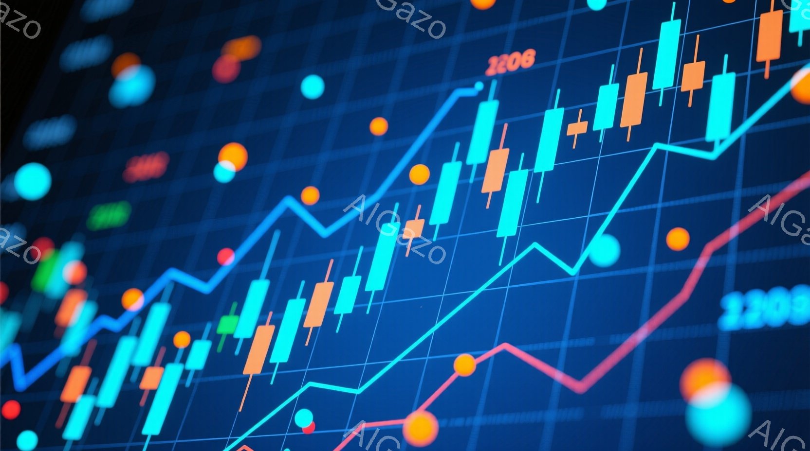 この画像は、青色の背景に、上昇傾向にある金融チャートを表示しています。緑とオレンジのろうそく足と、赤い線と青い線が重ねて描かれ、金融市場の動向を示唆しています。全体的に、活気があり、投資や経済成長を連想させる雰囲気です。