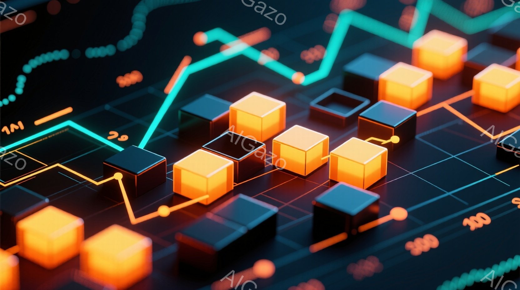 この画像は、暗い背景に配置された立方体の集合を示しています。オレンジ色の立方体と黒色の立方体が、まるで迷路のようなパターンで配置され、その上を鮮やかなオレンジ色の線が繋いでいます。背景には、ぼやけた数字やグリッドが描かれており、未来的なデータ視覚化やテクノロジーを表現しているようです。