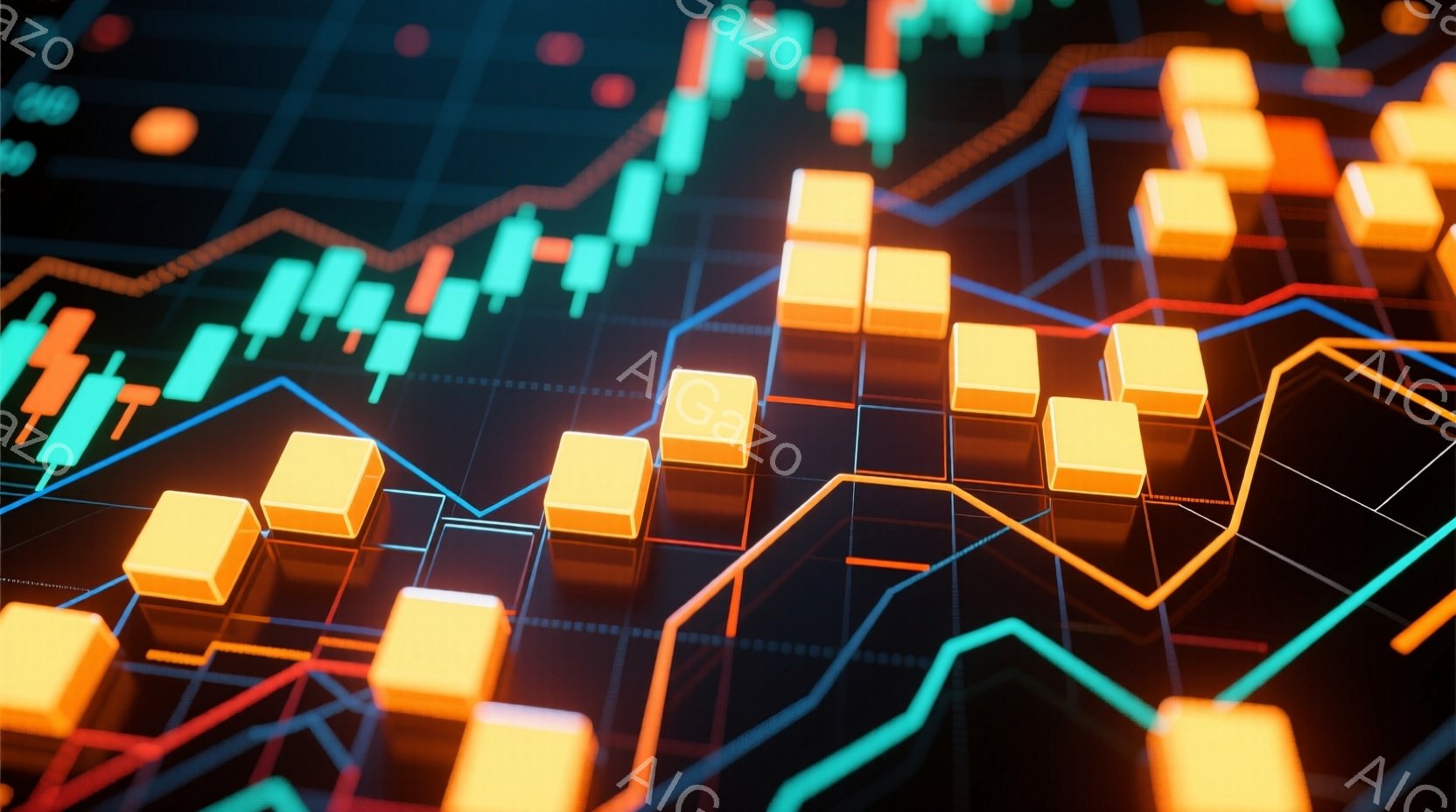 鮮やかな緑と赤のラインチャートと、オレンジ色の立方体が配置されたデジタルな背景が特徴です。チャートは上昇と下降を繰り返し、まるで金融市場の動きを視覚化したかのようです。全体的に未来的な雰囲気で、テクノ - AI生成フリー素材
