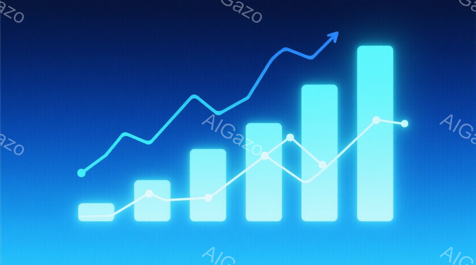 この画像は、明るい水色の棒グラフがいくつか並んでおり、右方向に高さが増していく様子を表しています。グラフの上には、同じ水色の線が点線で結ばれており、右肩上がりの成長傾向を示しています。背景はグラデーションの青色で、全体的に明るく、ポジティブな印象を与えます。