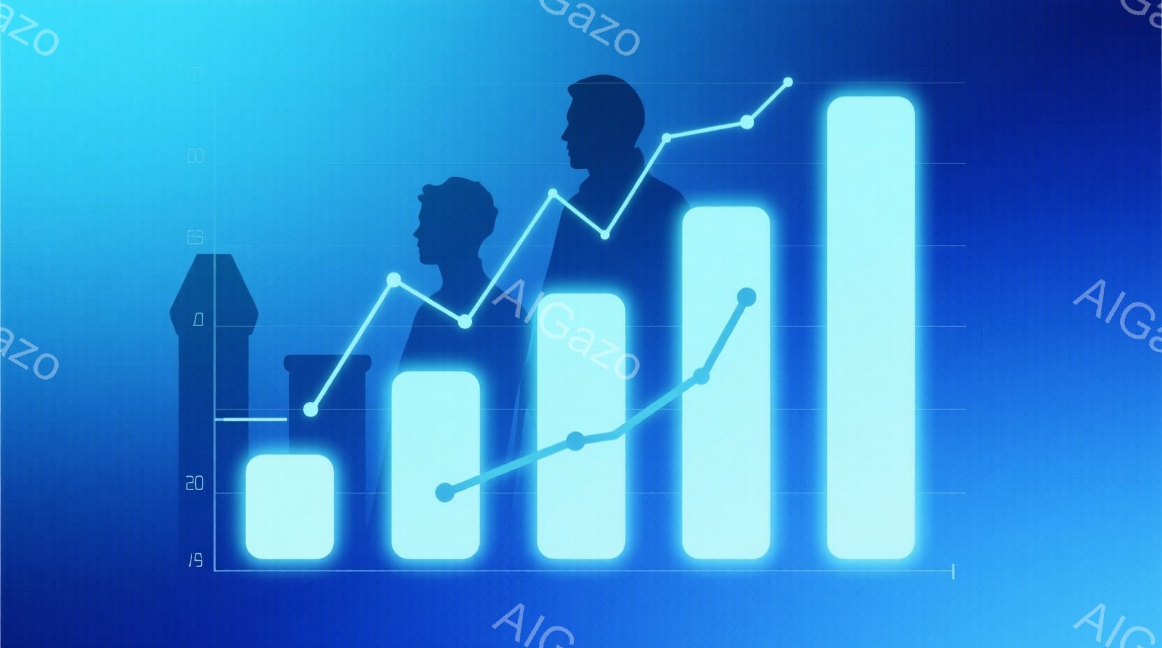 グラフの背景に、シルエットで描かれた男女が立っています。男性はスーツを着ており、女性はワンピースのような服装で、共に前向きな姿勢でグラフの成長のラインを見つめています。背景は青色のグラデーションで、全 - AI生成フリー素材