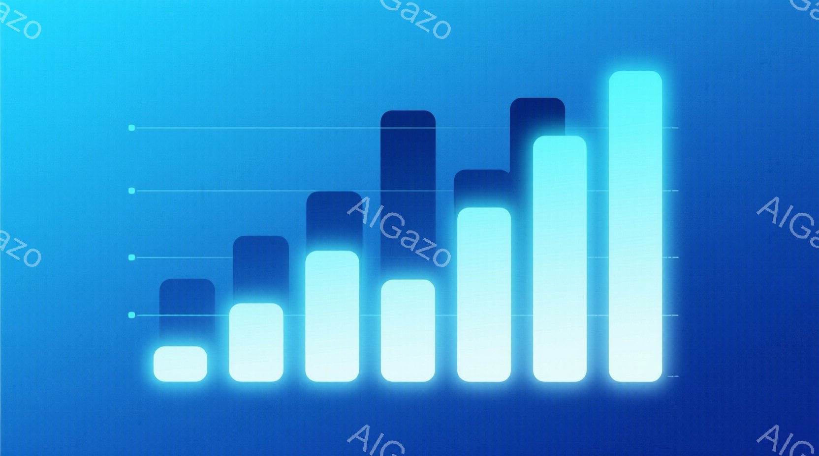 画像は、明るい青色の背景に、徐々に高さが増していく白い棒グラフのようなものが並んでいます。それぞれの棒は発光しているように見え、未来的な印象を与えます。全体的に、データの成長やポジティブなトレンドを視覚的に表現した抽象的なイメージです。