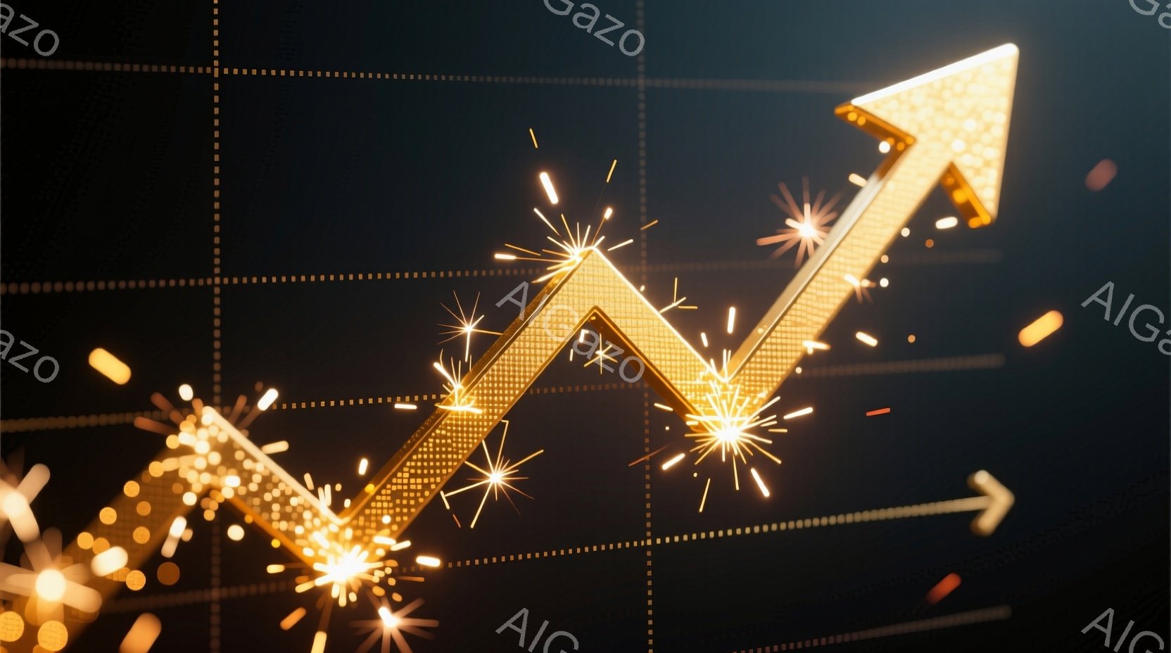 黄金色の光り輝く矢印が力強く上向きに伸びています。矢印は無数の小さな光の粒子で構成され、まるで夜空に咲く花火のように輝き、周囲にきらめく光の粒子が散らばっています。暗い背景が矢印の輝きを際立たせ、成功 - AI生成フリー素材