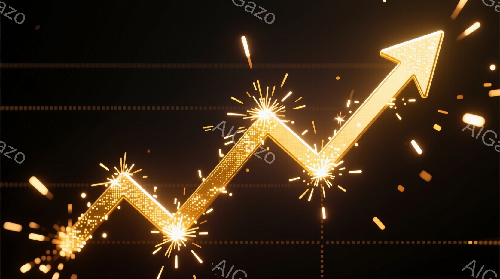 鮮やかな金色の線が右肩上がりに伸びるグラフィックで、まるで上昇トレンドを表しているかのようだ。線は点々とした光で構成され、その周囲には金色の輝きと粒子が舞い散っている。背景は暗く、上昇する線が際立って見えるため、成功や成長を象徴するような、活気に満ちた雰囲気を作り出している。