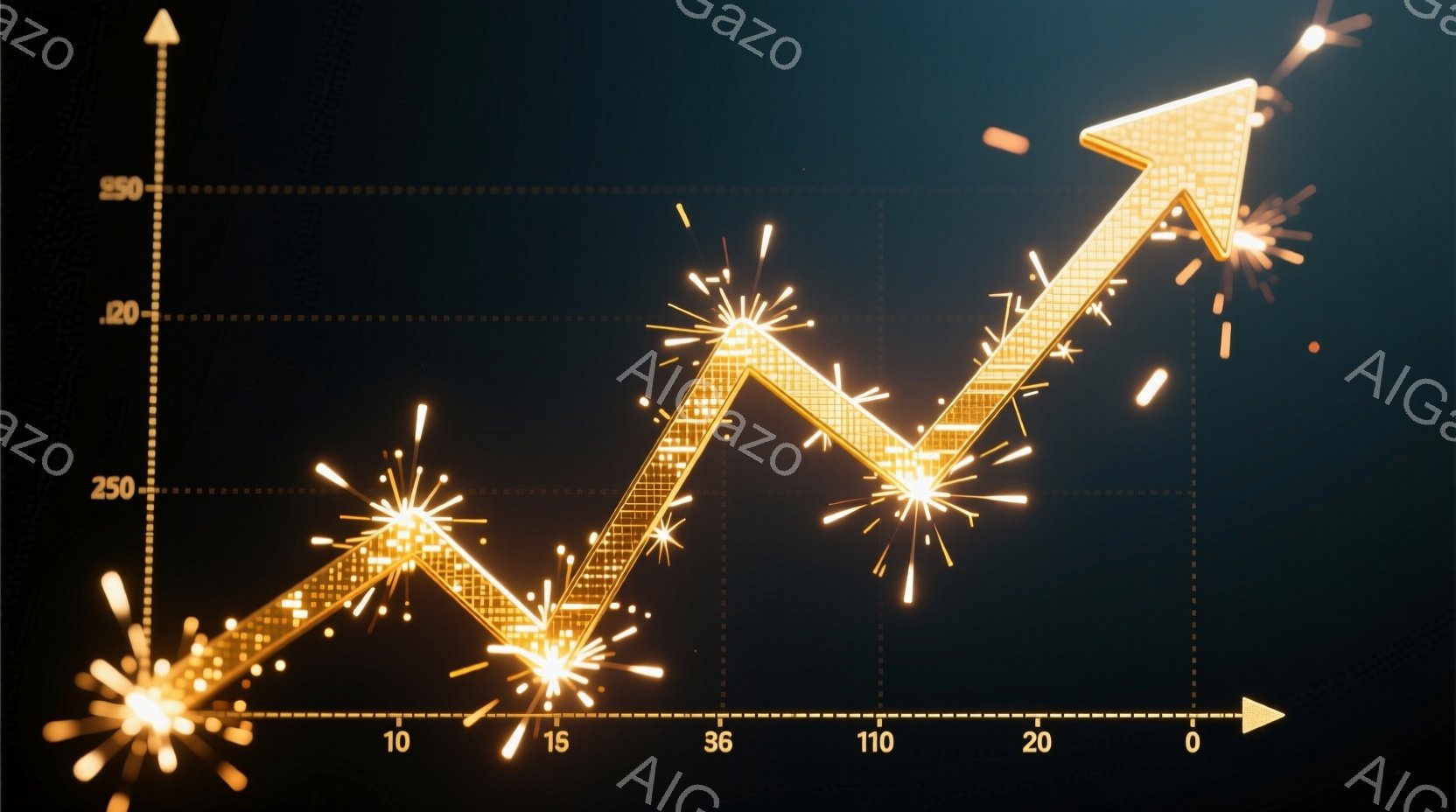 鮮やかな金色の光線が、黒色の背景を背景に上昇するグラフの形を形成しています。グラフの線は、まるで花火のように輝き、その軌跡には小さな星屑のような光が散りばめられています。数値ラベル（0, 10, 15 - AI生成フリー素材