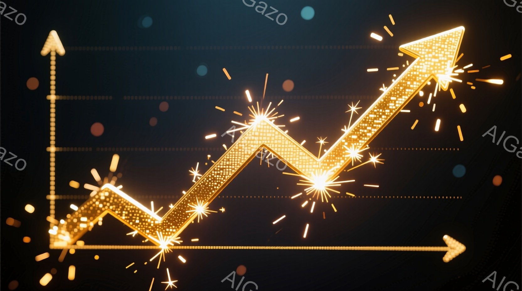 鮮やかな黄金色の線が右肩上がりに伸びるグラフが描かれており、まるで花火のようにきらめく光の粒子が周囲に散りばめられています。背景は暗い黒色で、わずかに青色の粒子が点在し、グラフの輝きを際立たせています。全体的に、上昇傾向と成功を象徴するような、希望に満ちた雰囲気です。