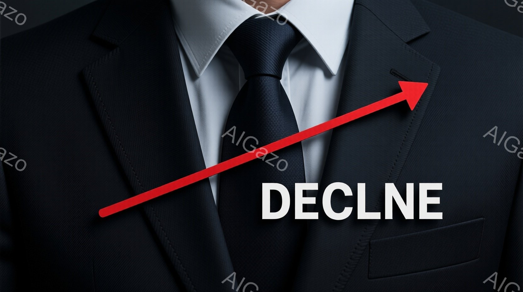 黒いスーツにネクタイを締めた男性が写っている。赤い線が胸元から右上に向かって伸びており、何らかの上昇や進展を示唆している。背景は暗く、男性の服装と赤い線が強調されている。