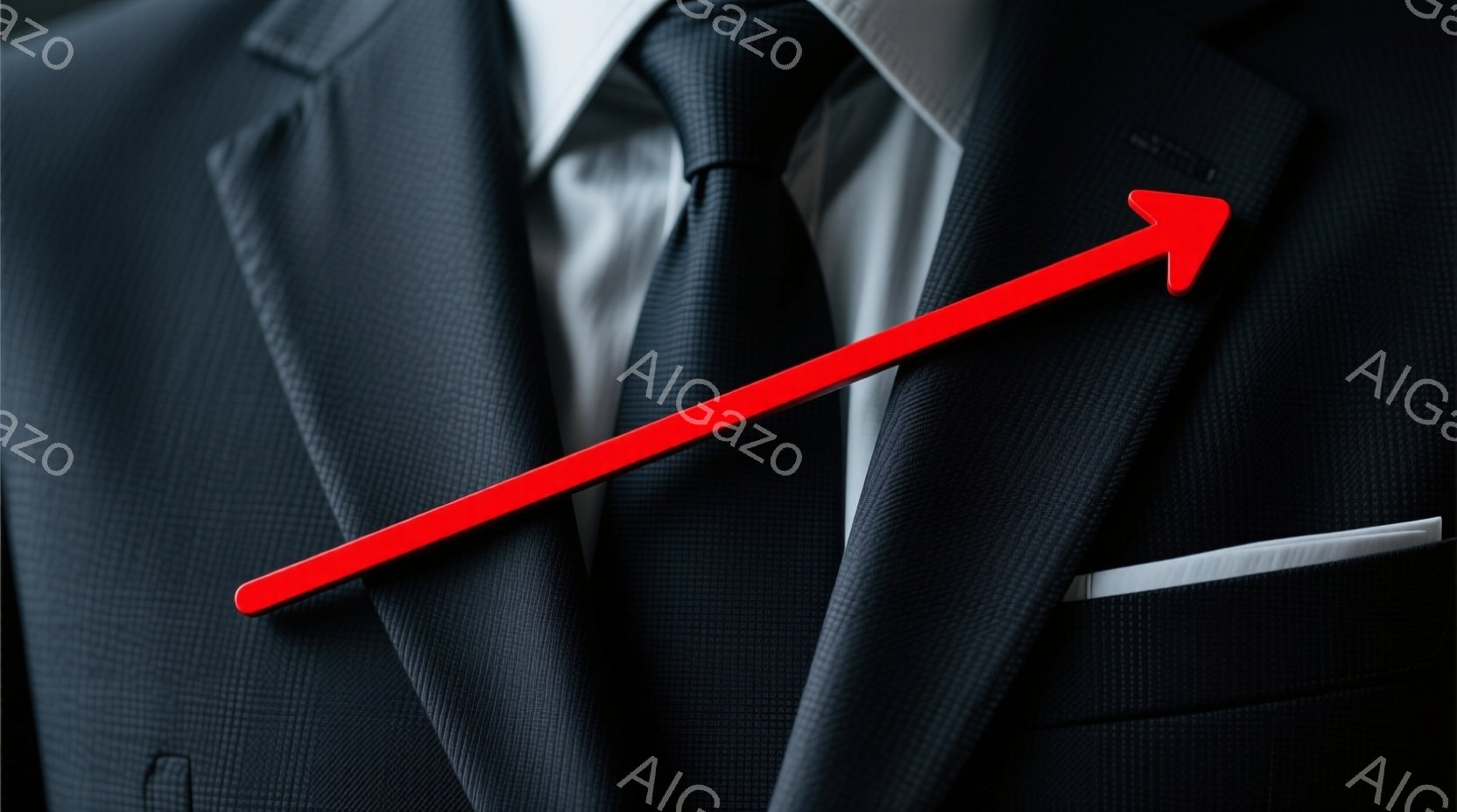 濃いグレーのチェック柄のスーツを着た人物の胸元が写っている。白いシャツと黒いネクタイが上品さを演出し、胸ポケットには白いハンカチが挿されている。赤い矢印がネクタイから肩にかけて伸びており、躍動感と方向性を示唆している。