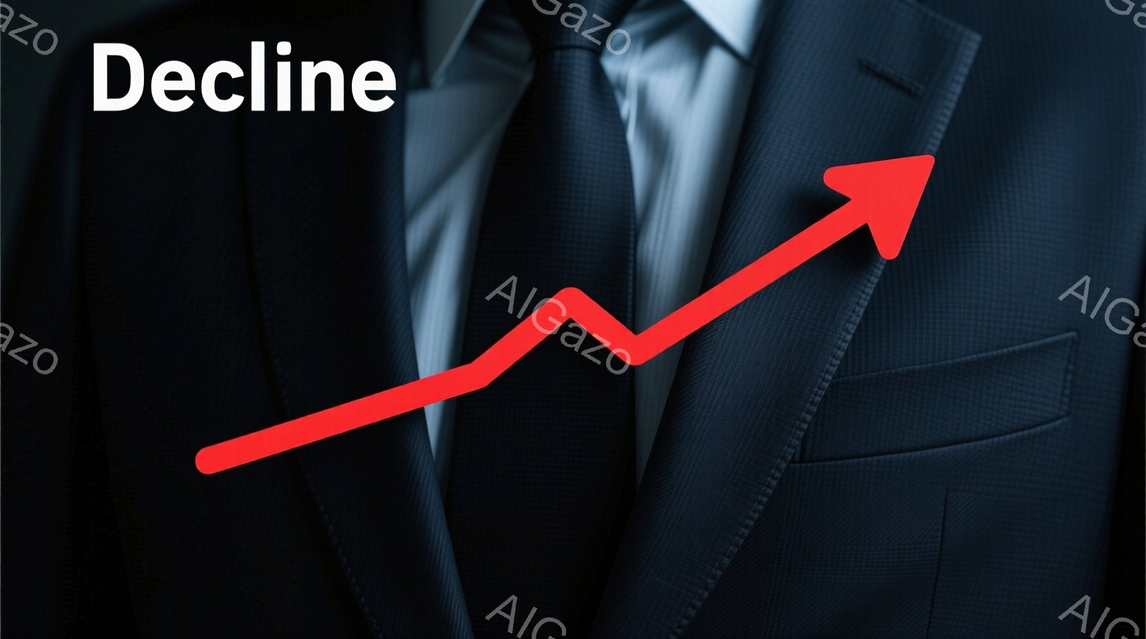 画像は、濃い青色のスーツを着た人物の上半身を捉えています。胸元には白いシャツと黒いネクタイが見え、スーツの質感はやや光沢があり、フォーマルな印象を与えます。赤い矢印が左上から右下に傾斜しており、何らかの下降傾向や減少を表しているようです。