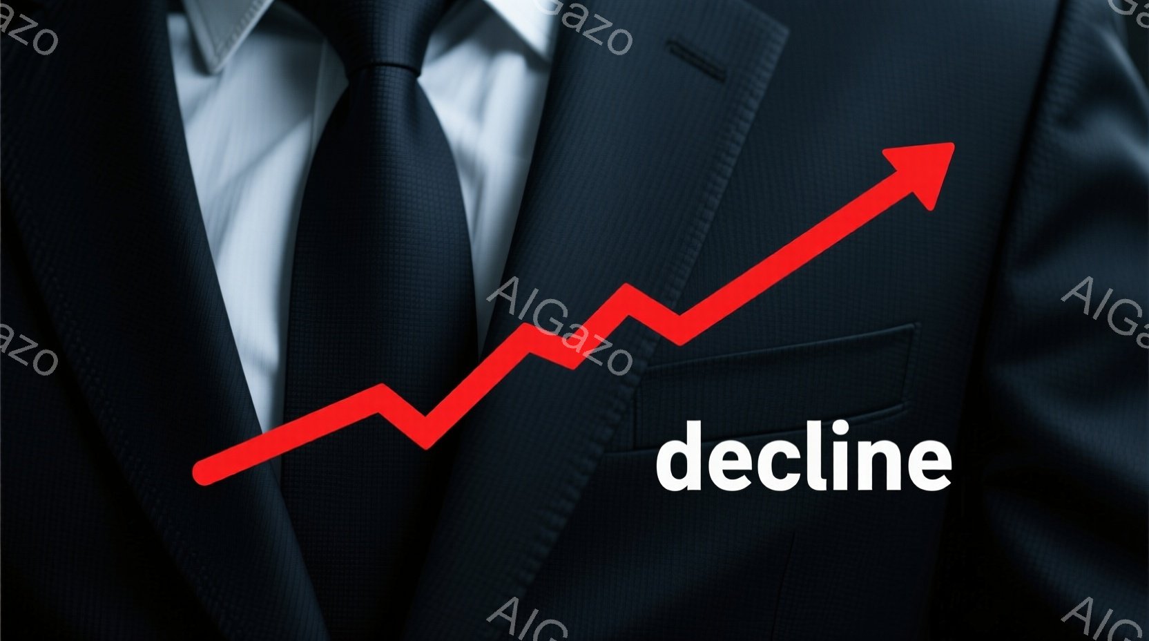 紺色のスーツにネクタイを締めた男性の胸元に、赤い線が上向きに描かれている。男性はフォーマルな服装で、ビジネスシーンを連想させるが、表情は見えないため感情は不明である。背景は単色で、赤い線が強調され、何 - AI生成フリー素材