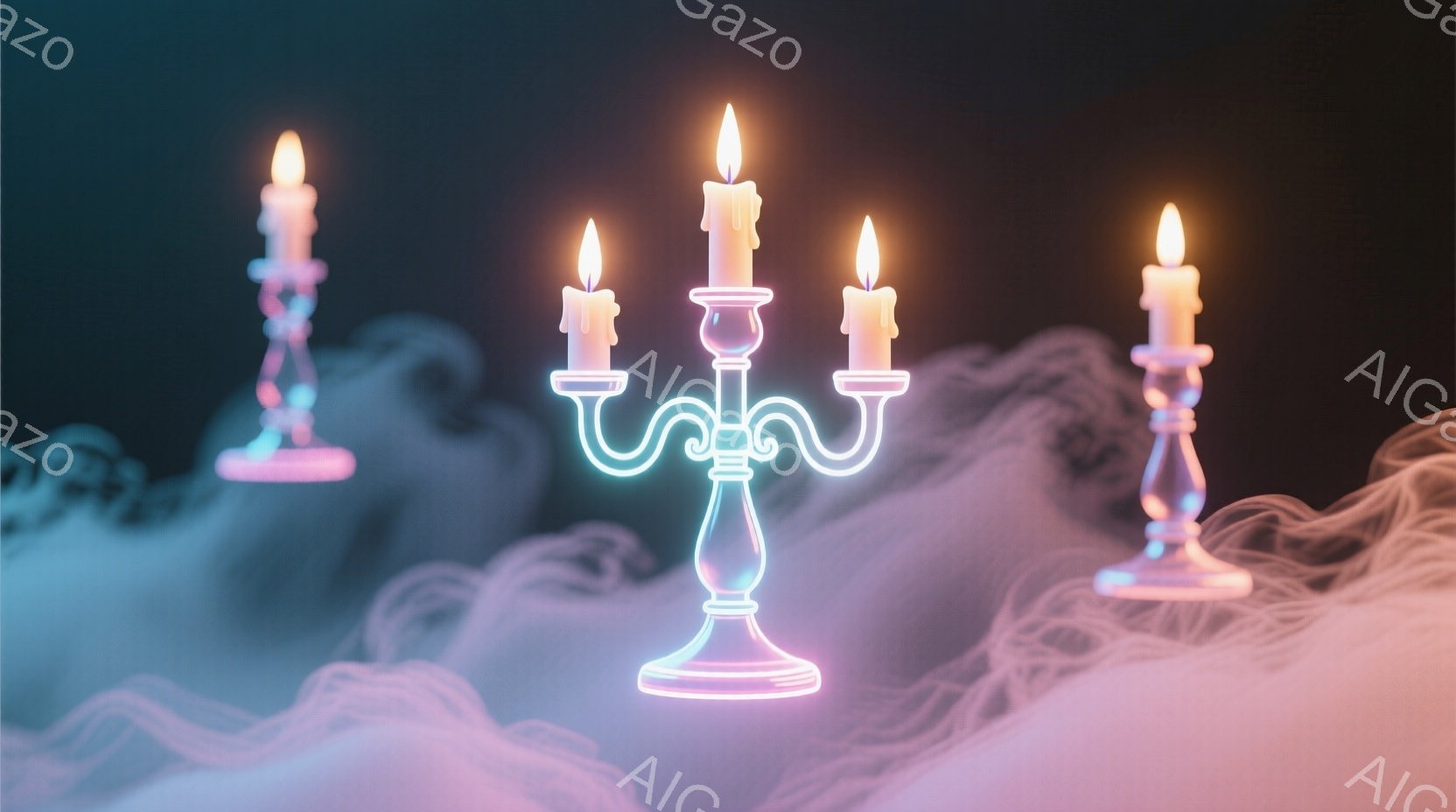 鮮やかなネオンカラーで描かれたシャンデリアが、煙のような靄の中に浮かび上がっている。各燭台には炎が灯り、未来的な光を放っている。背景は淡いピンクと紫色のグラデーションで、神秘的で幻想的な雰囲気を醸し出している。