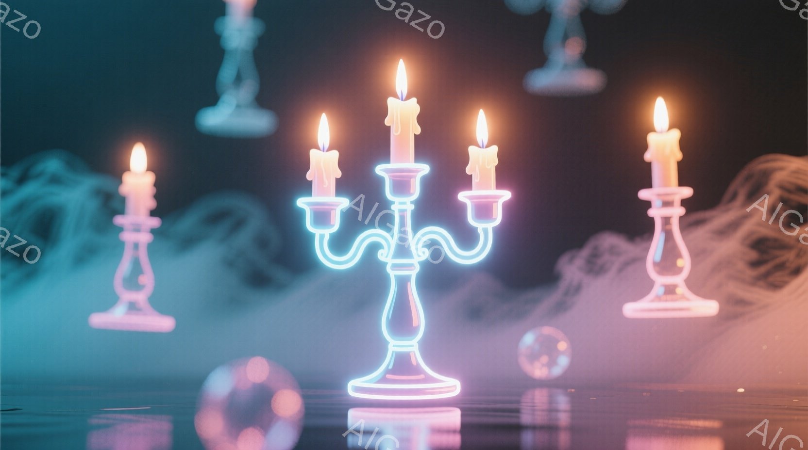 鮮やかなネオンブルーとピンクの光に照らされた、複数の燭台が浮かび上がっている。燭台は磨かれた金属のような質感で、それぞれに燃え盛る蝋燭が灯っている。背景は靄がかかったような、幻想的な空間で、床面には光の反射が水面のように広がっている。