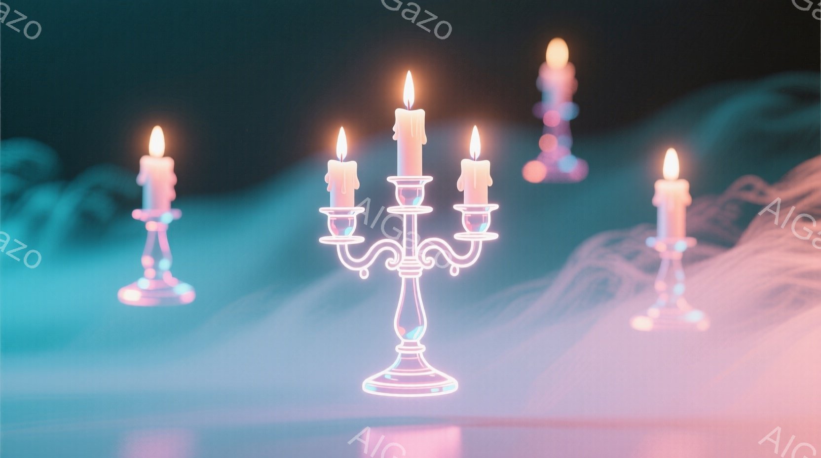 鮮やかなネオンピンクで描かれた燭台が、ぼんやりとした青緑色の煙のような背景に浮かび上がっている。五本のロウソクが点灯しており、それぞれが柔らかく光を放ち、幻想的な雰囲気を醸し出している。全体的に、夢のような、非現実的な空間を表現している。