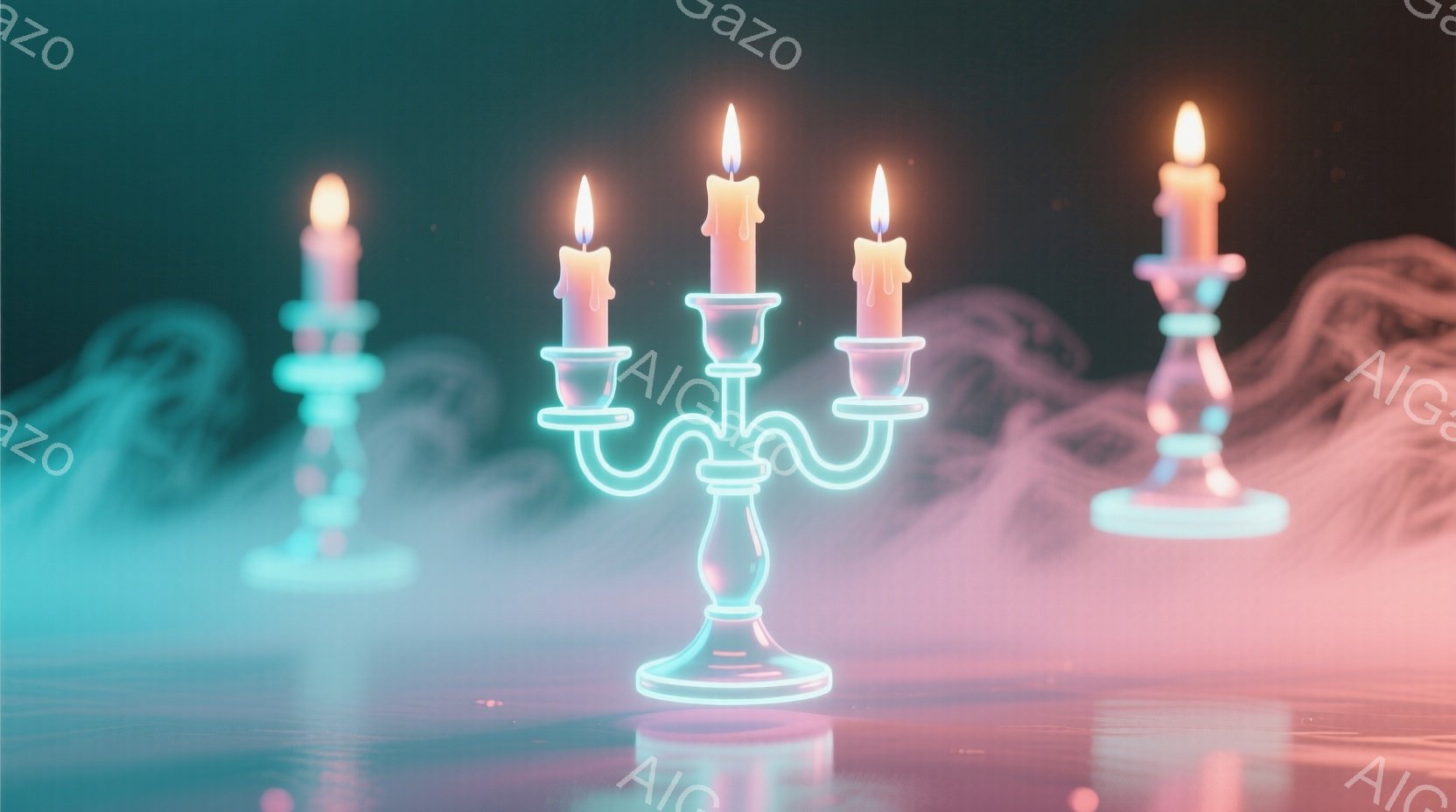 鮮やかなネオンブルーの燭台が、ピンクと水色の煙のような背景の中に浮かび上がっている。各燭台には燃え盛るオレンジ色の炎が灯っており、幻想的な雰囲気を醸し出している。全体的に、未来的な光の芸術作品のような印象を受ける。