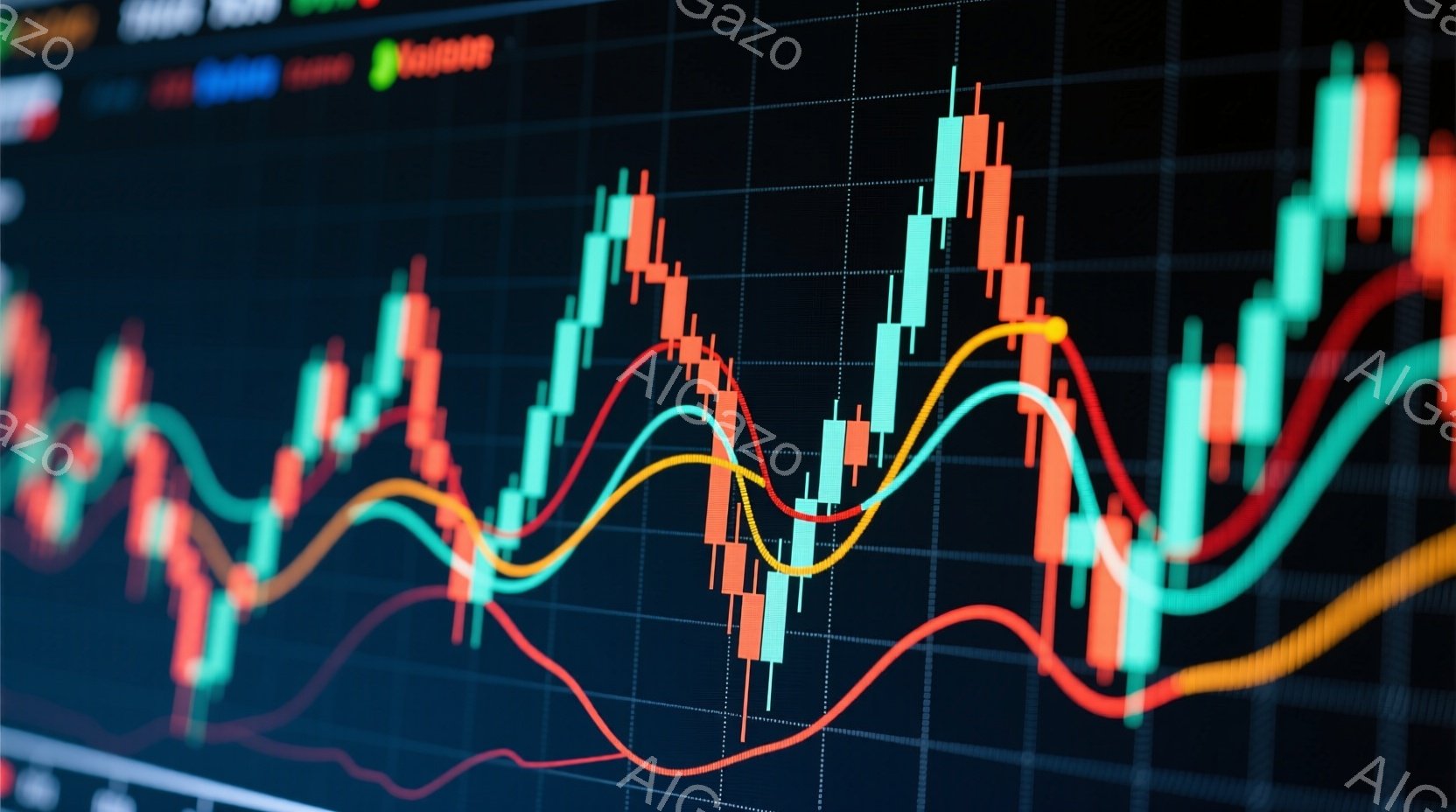 この画像は、金融市場のチャートを表示したものです。赤、緑、オレンジ色の線と、それに対応するバー状のグラフが複雑に絡み合い、市場の変動を表しています。背景は暗く、グラフが際立っており、活発な取引と市場のダイナミズムを感じさせます。