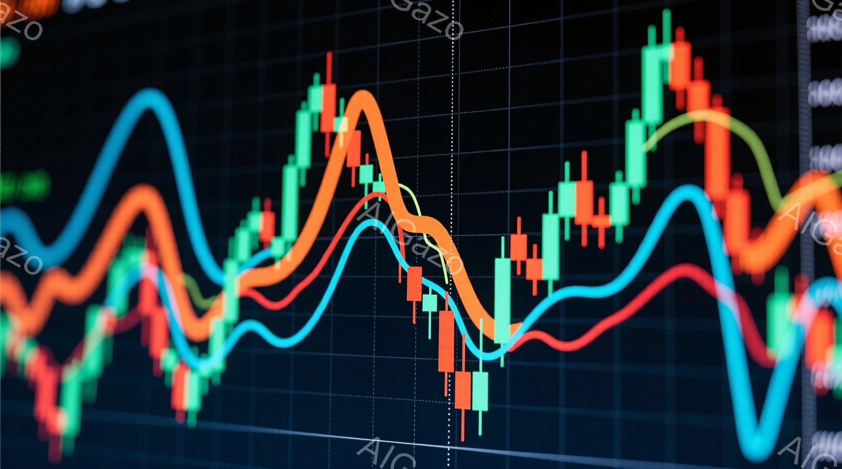 この画像は、様々な色の線グラフと、棒グラフが重なり合って表示された金融チャートです。赤、オレンジ、ターコイズブルーの線が複雑に絡み合い、棒グラフは緑と赤で色分けされ、市場の変動を示唆しています。全体的に、ダイナミックで活気のある雰囲気で、金融市場の複雑さと不確実性を表現しています。