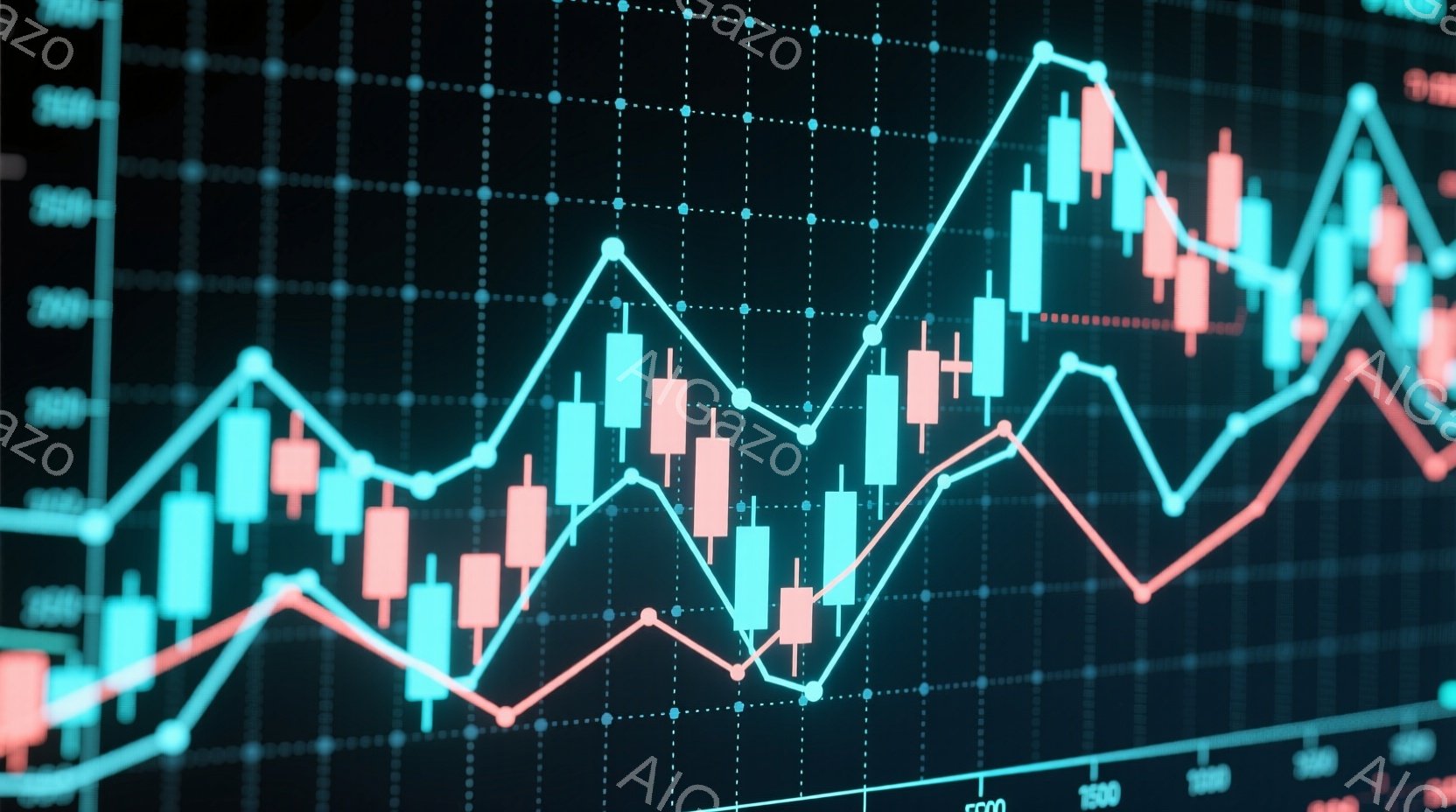 この画像は、金融市場のチャートを示しています。緑と赤の棒グラフが上下に変動し、株価や為替レートなどの価格変動を表しているようです。背景は暗く、チャートの線は鮮やかな色で強調され、データ分析や投資の雰囲気を醸し出しています。