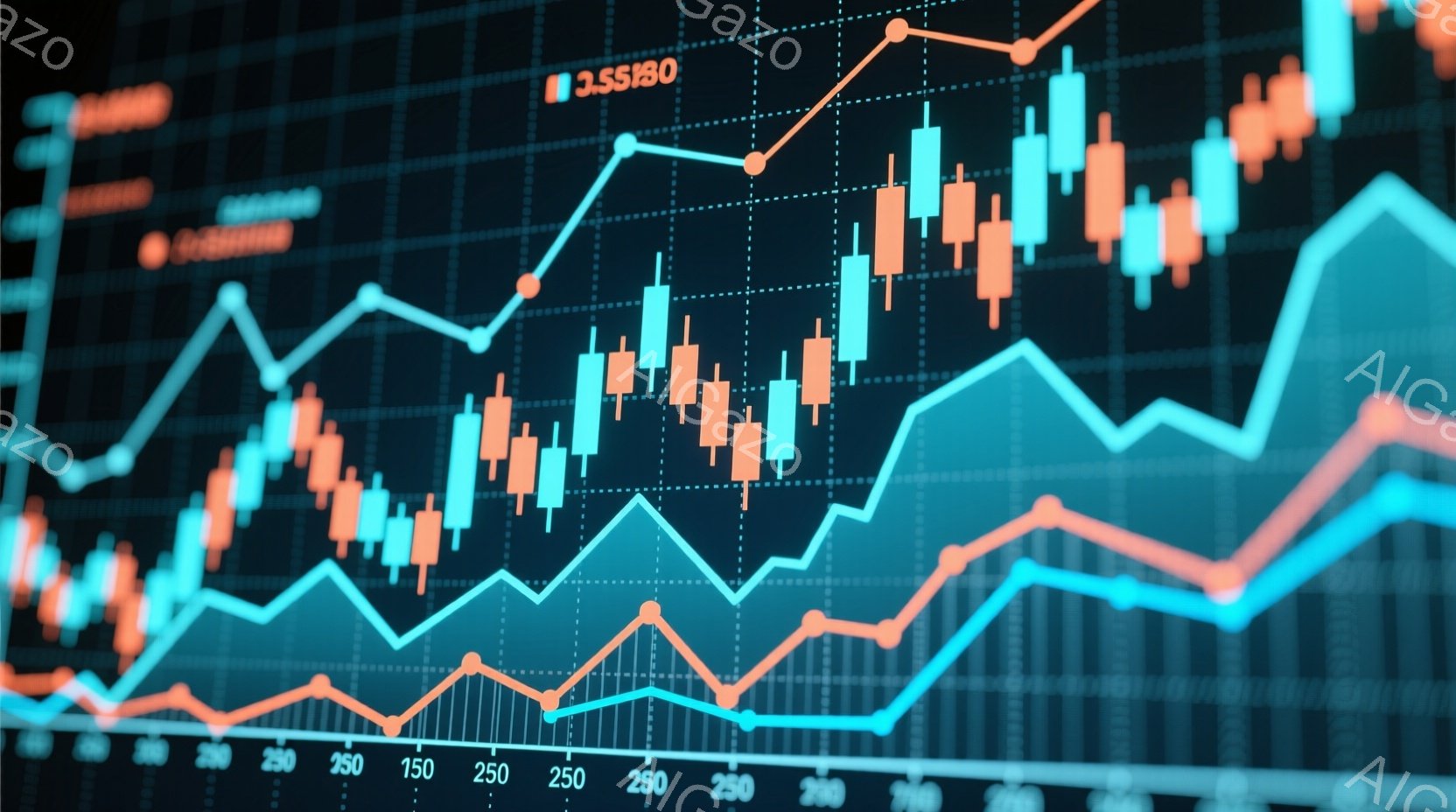 この画像は、複数の色の線グラフが重ねられた金融チャートのクローズアップです。青、オレンジ、赤の線が上下に変動し、市場のトレンドを示唆しています。背景はグリッド状になっており、データ分析や金融市場の視覚的表現を強調しています。