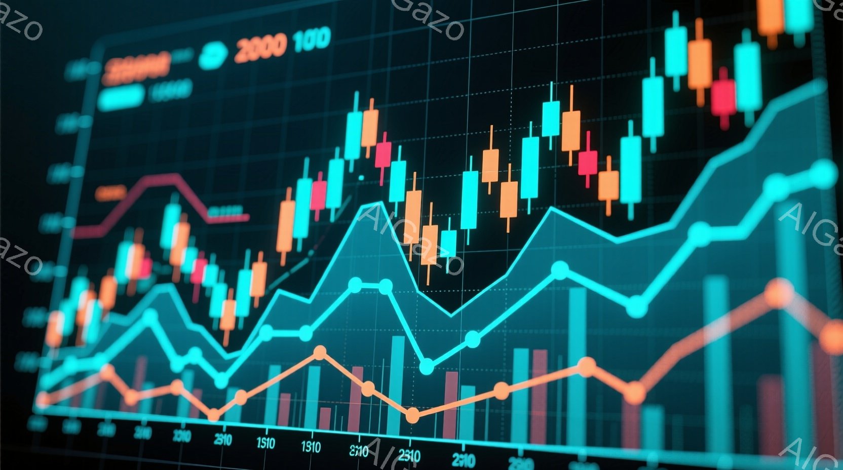 この画像は、金融市場のチャートを表しており、様々な色のキャンドルスティックと折れ線グラフが複雑に絡み合っています。緑、赤、オレンジ色のキャンドルと、青と赤の折れ線グラフが、時間軸に沿って変動を示しており、価格変動の視覚的表現となっています。背景は暗色で、未来的な金融データの表示を強調しています。