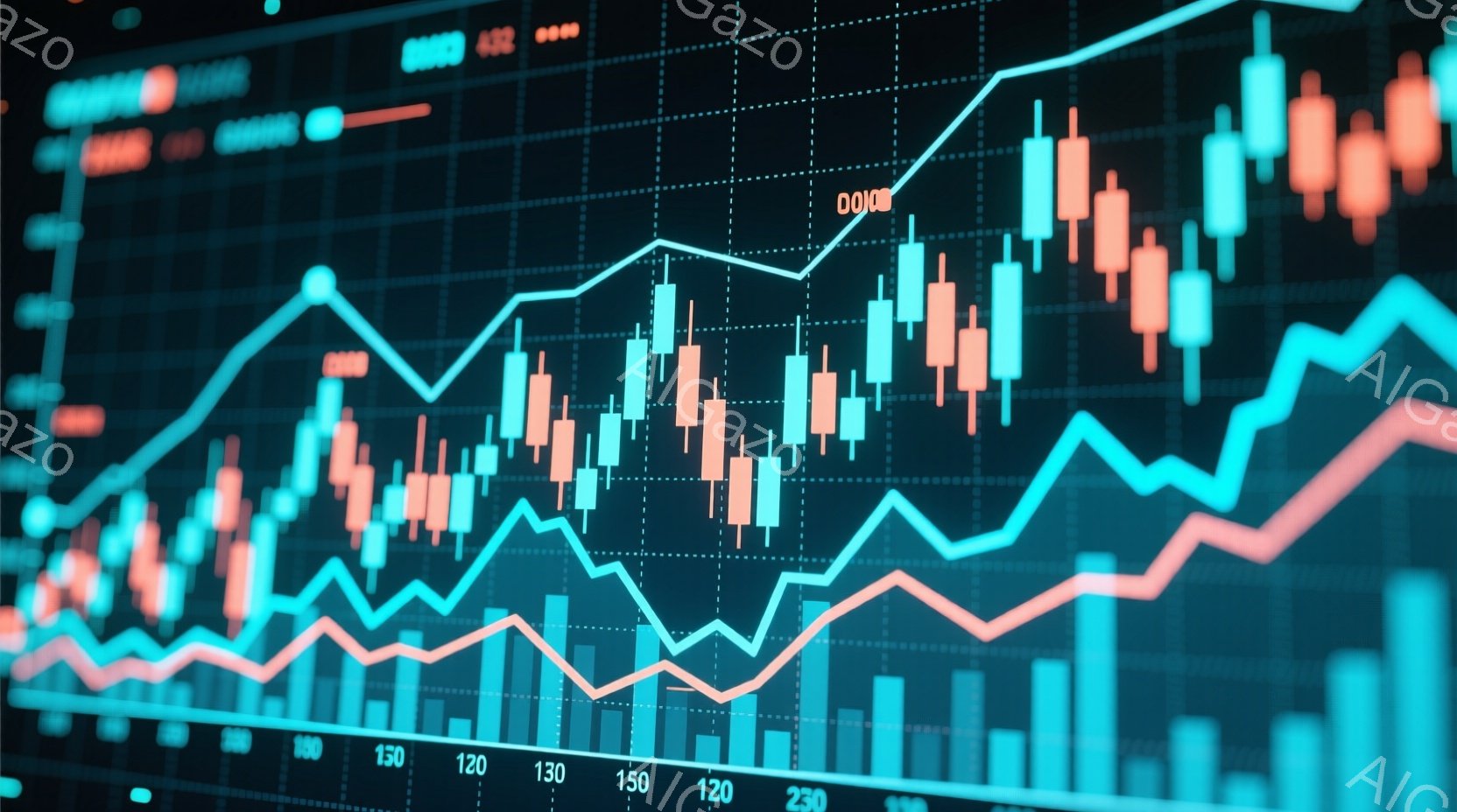 この画像は、金融市場のチャートを表しており、赤い線と青い線が複雑に絡み合いながら上昇と下降を繰り返しています。棒グラフのような形状のデータが並び、全体的に活気と変動に満ちた印象を与えます。背景は暗く、 - AI生成フリー素材