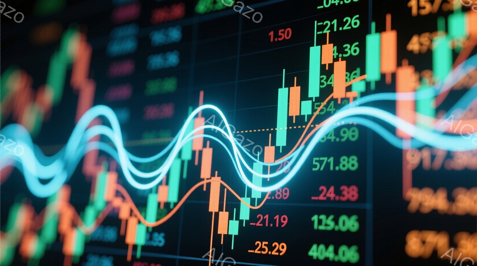 この画像は、株式市場のチャートとグラフを表現しており、緑と赤の柱状図が複雑に絡み合っています。白く輝く曲線がチャートの上を走り、活気のある金融市場のダイナミックな動きを示唆しています。背景は暗く、数字が散りばめられ、専門的で緊張感のある雰囲気を醸し出しています。