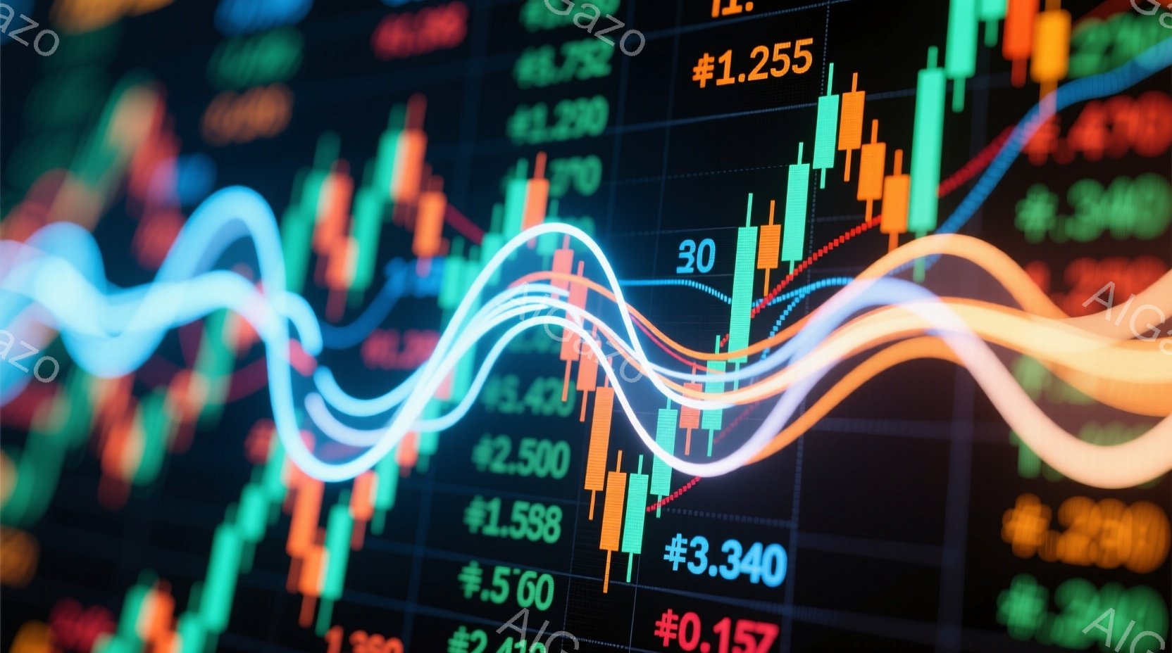 鮮やかな緑、赤、オレンジ色のキャンドルチャートが黒い背景に密集して表示されており、金融市場の変動を表している。白く光る線がチャートの上を蛇行し、価格変動のトレンドを強調している。全体的に、高度な金融データと市場分析の雰囲気を感じさせる、ダイナミックで視覚的に印象的なイメージである。