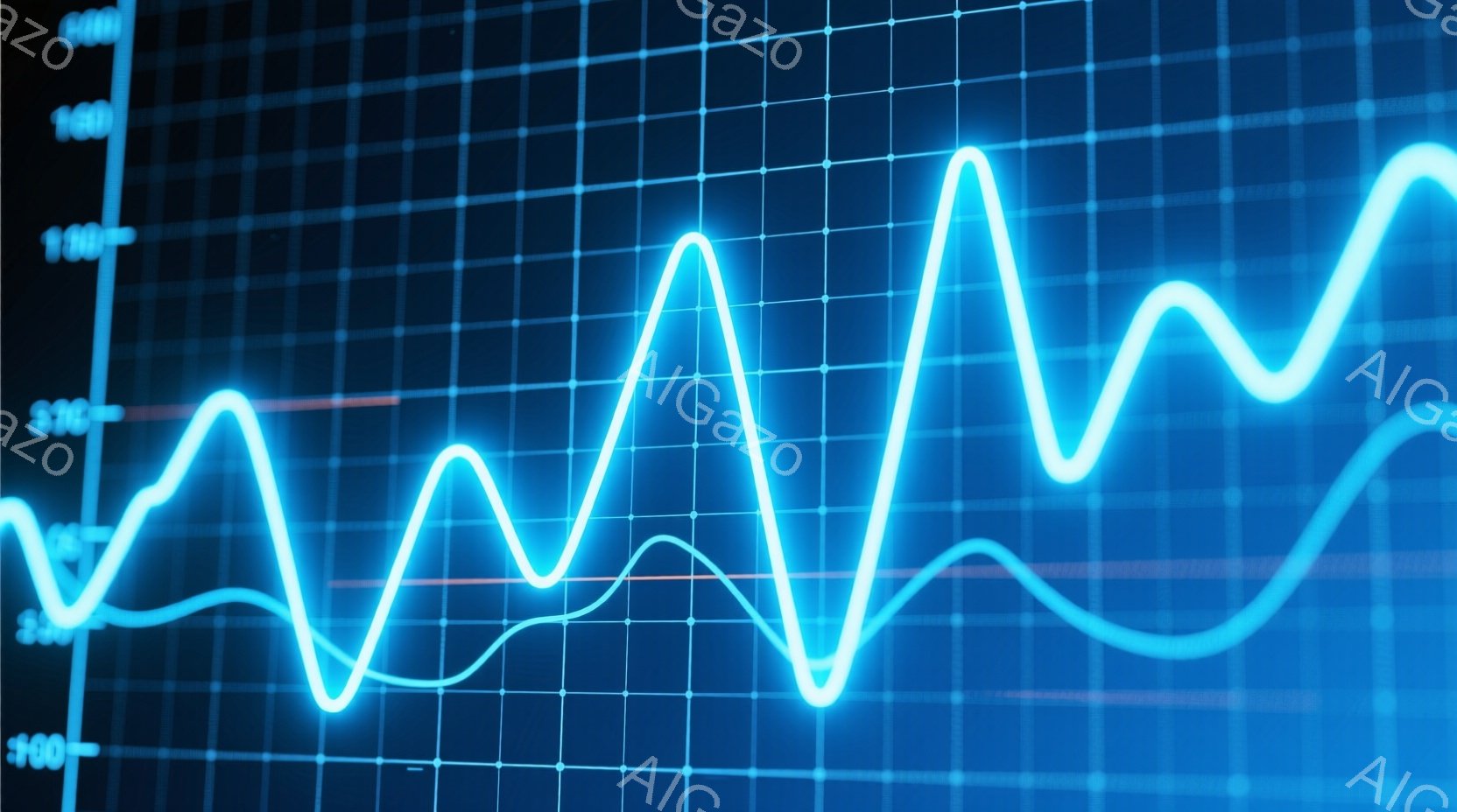 この画像は、青いグリッド背景に、複数の色の線グラフが描かれています。オレンジ、青、赤の線が波打つように上下しており、グラフの縦軸には数値が表示されています。全体的に、テクノロジー、データ分析、または金融市場といったテーマを想起させる、クールで未来的な雰囲気です。