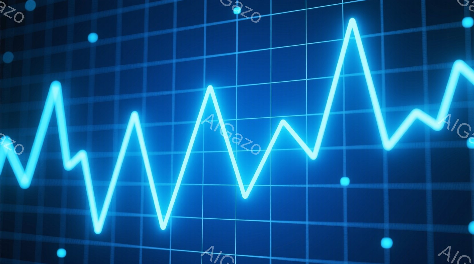 この画像は、深い青色の背景に、明るい水色の線が不規則に波打つ様子を描いています。線はまるで心電図や音響信号のように、ピークと谷が繰り返されており、ダイナミックな印象を与えます。全体的に、テクノロジーや医療、あるいはエネルギーの流れを象徴するような、未来的な雰囲気を感じさせます。