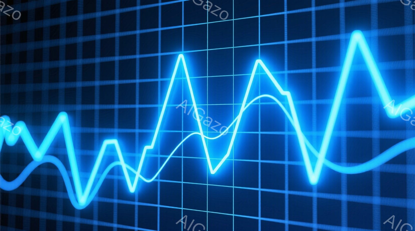 この画像は、青いグリッド背景上に光る青い線が描かれたものです。その線は、心電図や音波のように、山と谷が繰り返される波形を描いており、まるで何かの信号やエネルギーの流れを表しているかのようです。全体的に未来的で、テクノロジーを感じさせる雰囲気です。
