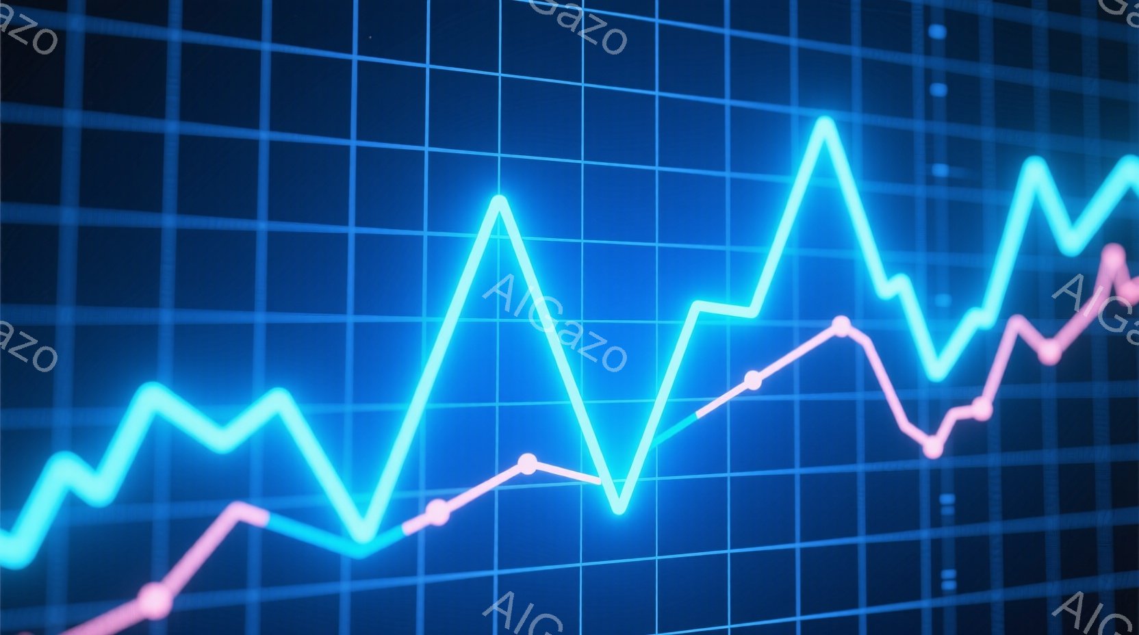 鮮やかなターコイズブルーとピンク色の線が、格子状の濃い青色の背景の上に描かれたグラフを形成しています。これらの線は、時間経過に伴うデータの変動を示すように、上下に大きく変動しています。全体的な雰囲気は、金融市場やデータ分析における成長、不安定性、変動を表現しているようです。