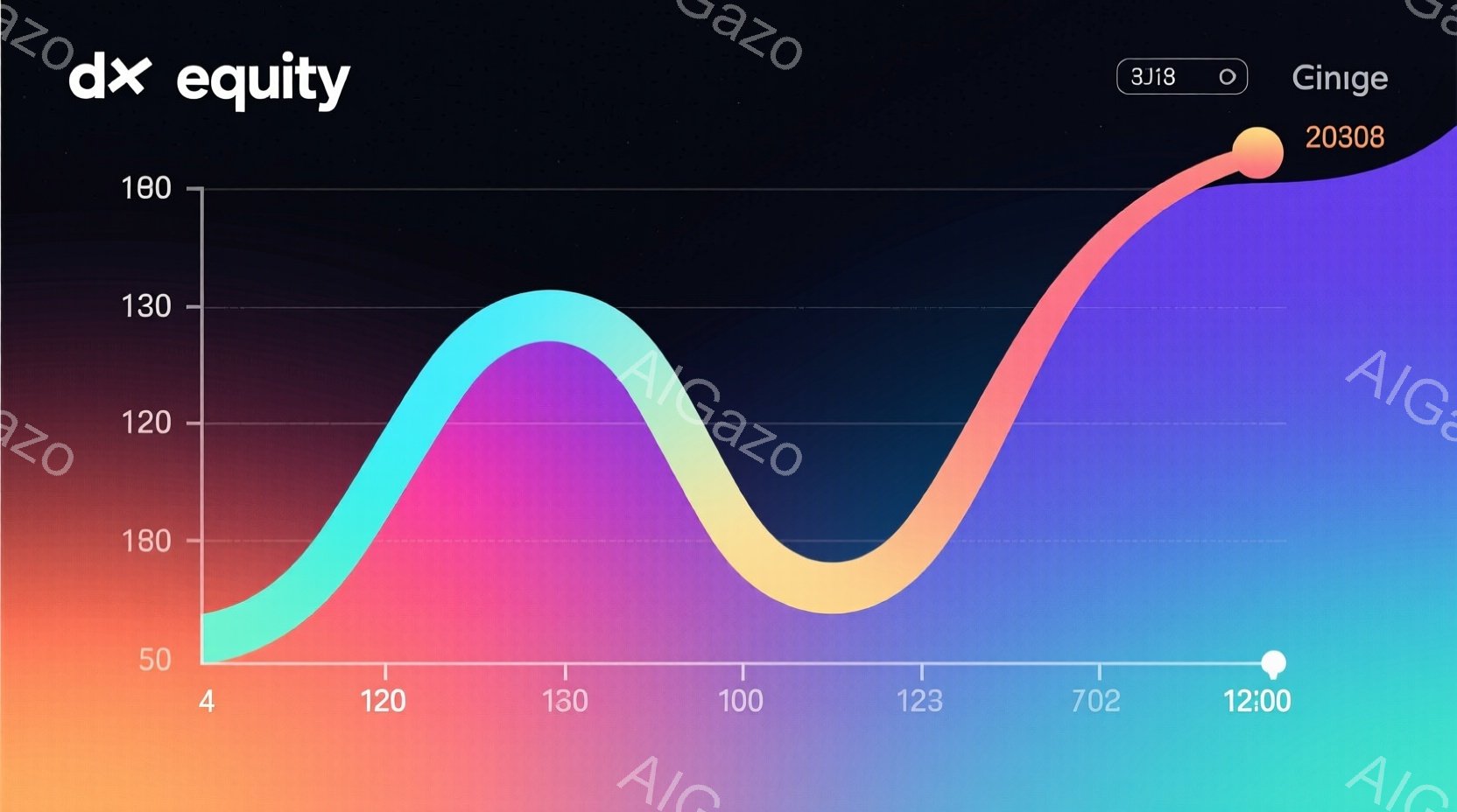 鮮やかなグラデーションで描かれた曲線が印象的な画像です。水平軸に沿って数値が並び、曲線は数値の増減を表しているようです。全体的に未来的な雰囲気で、データ分析や市場トレンドの視覚化に使われるグラフのよう - AI生成フリー素材