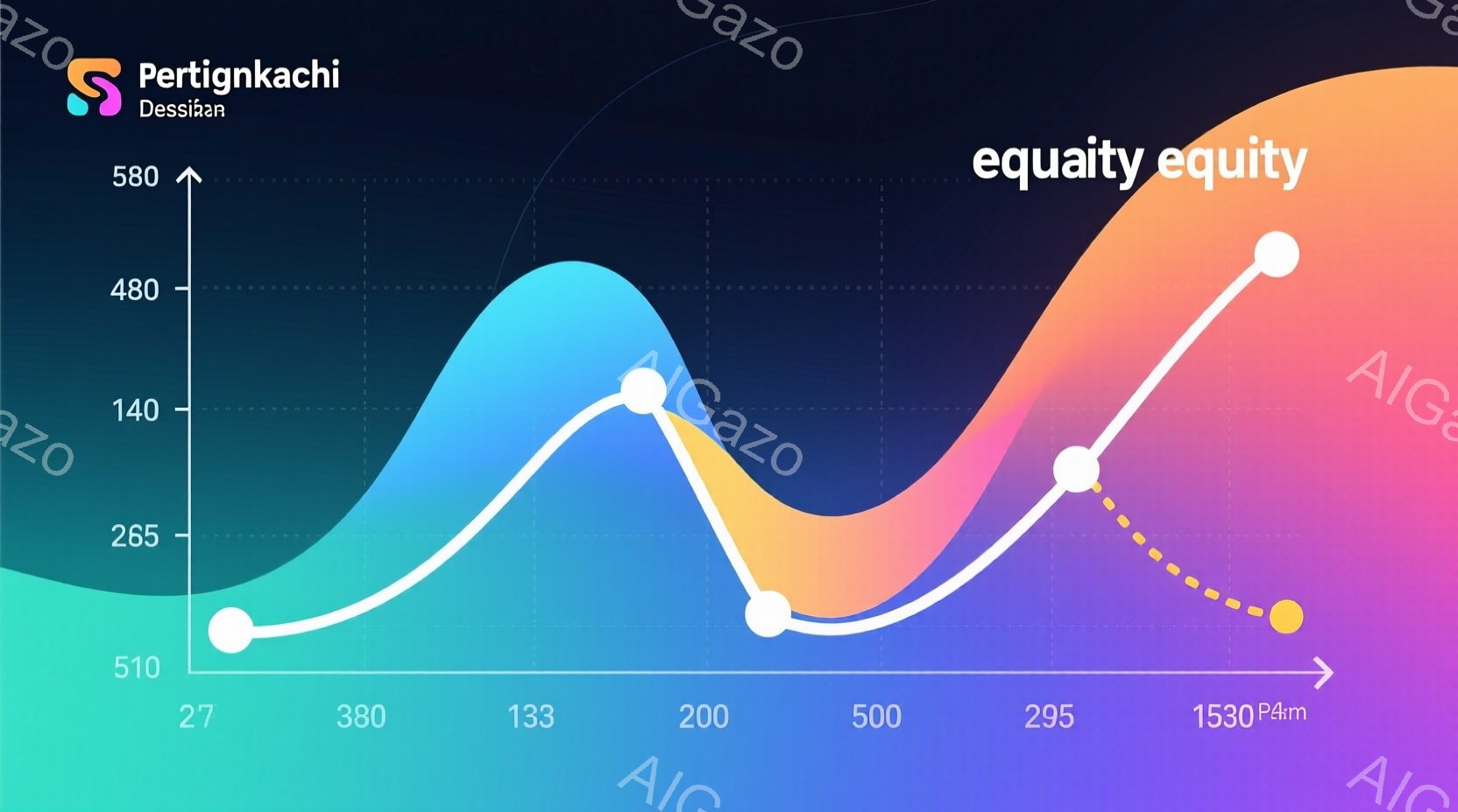 この画像は、青と紫のグラデーションで描かれた曲線グラフです。数値は左から27、133、200、500、295、そして右端には虚線で伸びる曲線が見えます。グラフは全体的に上昇と下降を繰り返しており、経済指標やトレンドを表しているように見えます。