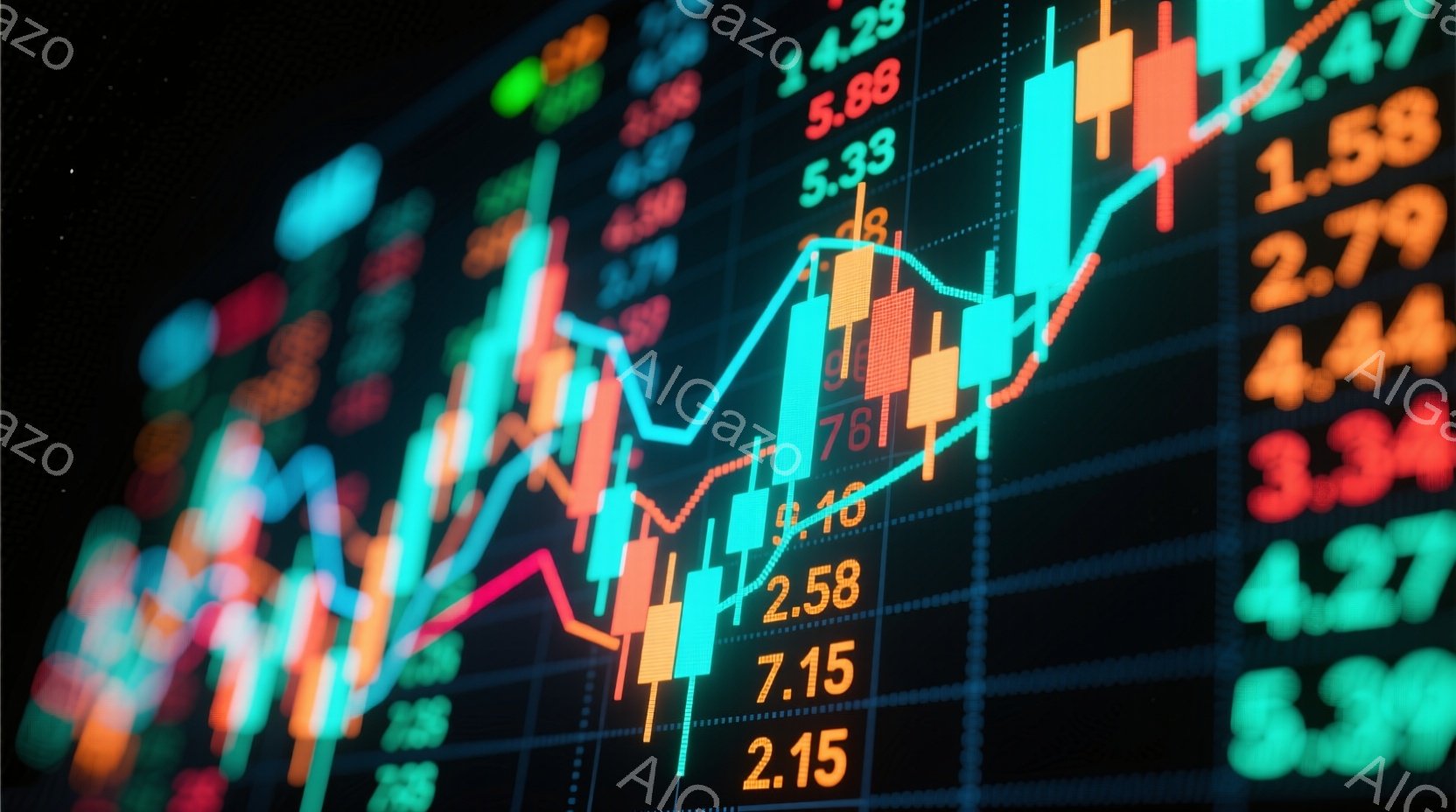 鮮やかな色の棒グラフと折れ線グラフが、黒い背景に密集して描かれています。グラフは上昇と下降を繰り返しており、数字が各線に表示されています。全体として、金融市場のダイナミックな動きや株価の変動を表すような、活気があり複雑な印象を与えます。