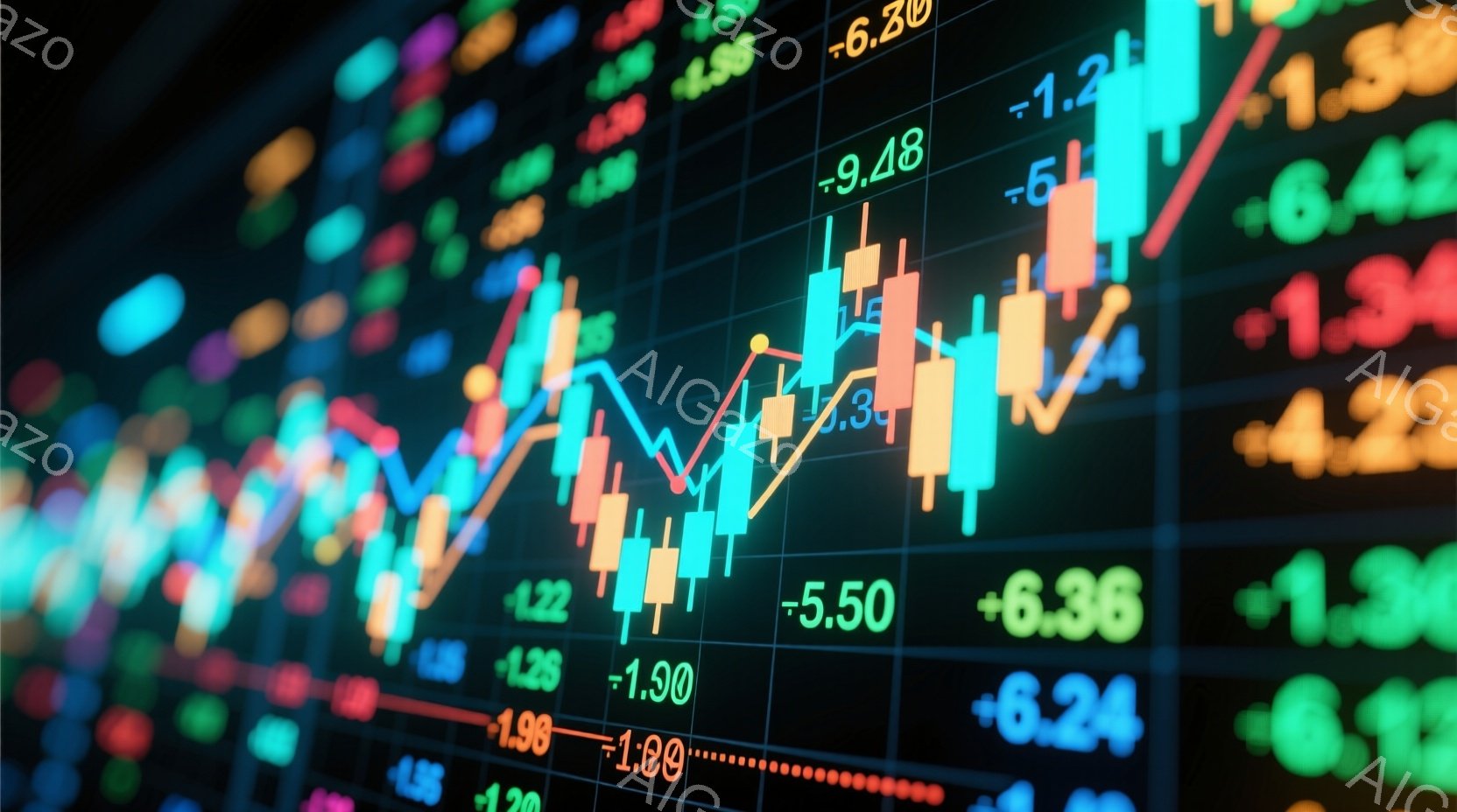 この画像は、株式市場のチャートが明るい色で表示された背景で構成されています。様々な色の棒グラフが上下に動き、数字が並んでおり、金融市場の変動を示唆しています。全体的に、活気があり、ダイナミックな雰囲気 - AI生成フリー素材