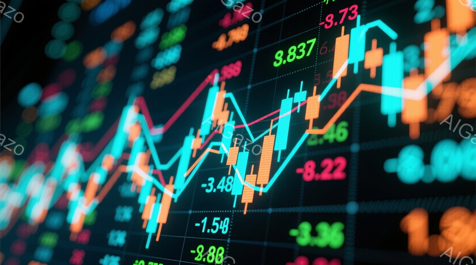 この画像は、カラフルなローソク足チャートが多数並んだ金融市場の画面を捉えています。緑と赤の棒グラフが上昇と下降を示し、画面全体に数字が点在し、株価や金融指標を示唆しています。全体的にダイナミックで活気があり、市場の変動と不確実性を強調しています。