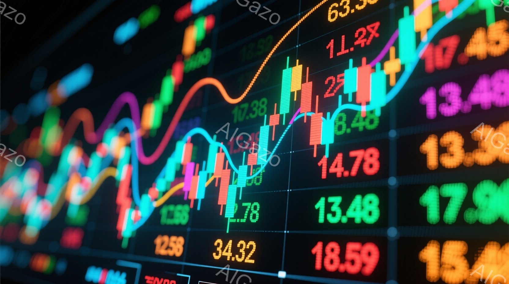 この画像は、金融市場のチャートと数値で構成された鮮やかなディスプレイを捉えています。赤、緑、オレンジ色の線と棒グラフが複雑に絡み合い、株価や為替レートの変動を表しているようです。背景は暗く、数字とグラ - AI生成フリー素材