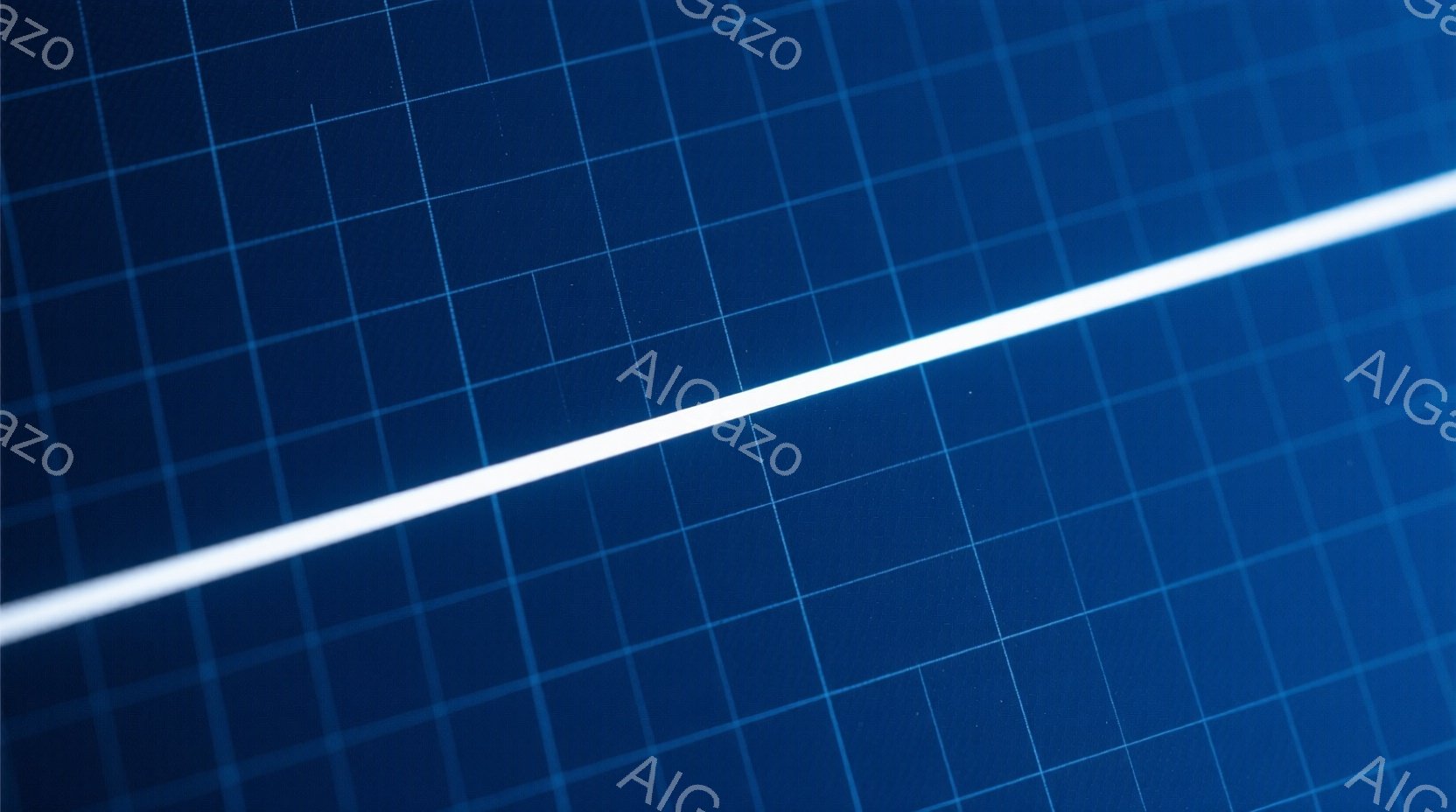 鮮やかな青色の格子模様が画面全体を覆っており、まるで回路基板や現代アート作品のような印象を与えます。白い線が斜めに走り、この幾何学的な構図に動きと視覚的なアクセントを加えている。背景は単色で、テクスチ - AI生成フリー素材