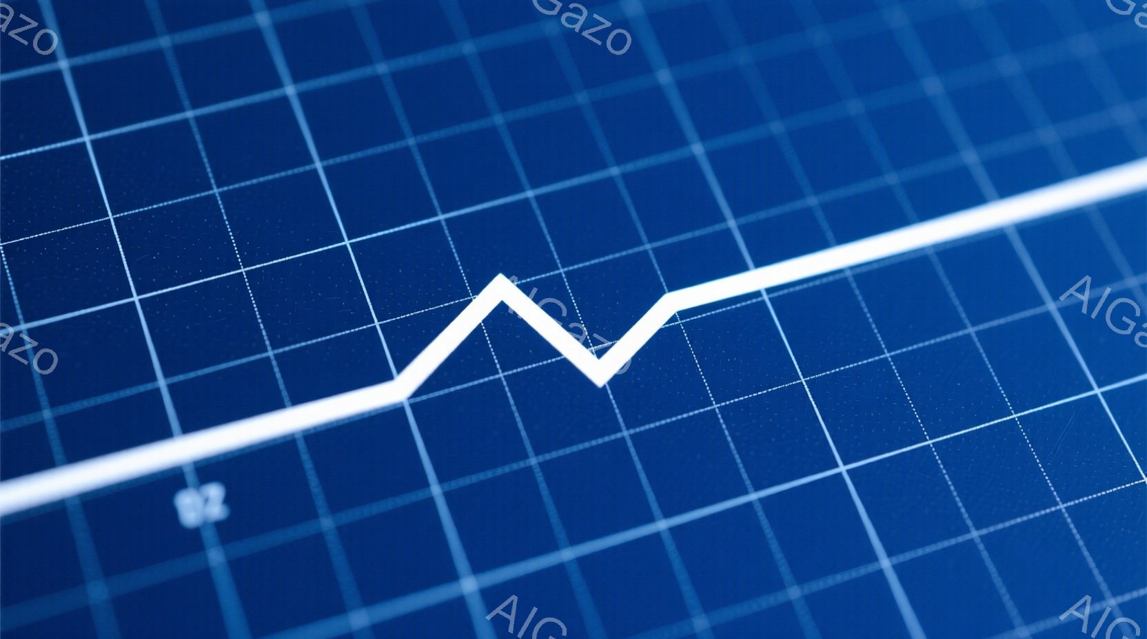 この画像は、青いグリッド状の背景に描かれた白い線を示しています。線は最初は上昇し、一時的に下降した後、再び上昇するグラフのような形状をしており、データ分析や市場動向を表している可能性があります。全体的 - AI生成フリー素材