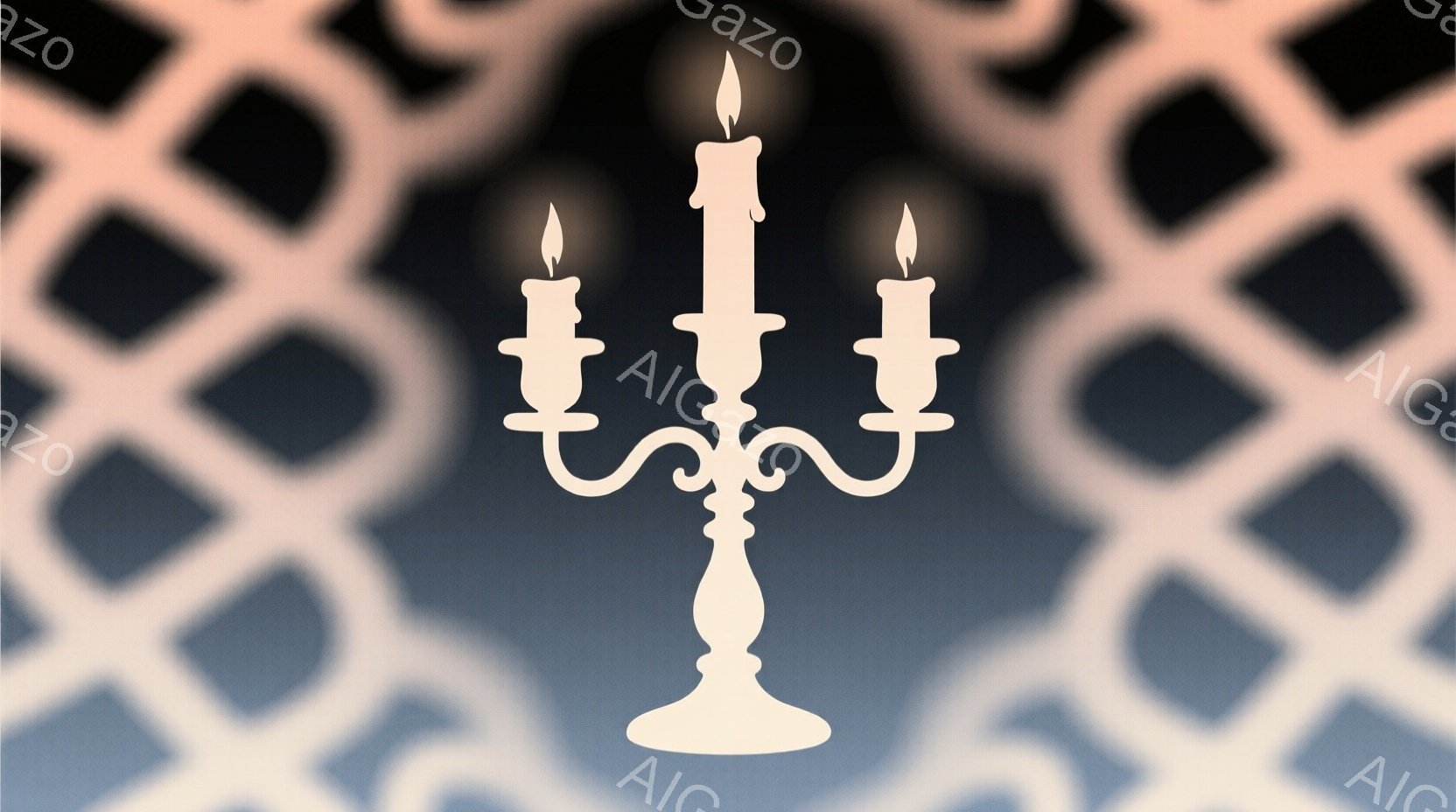 この画像は、白く象牙色の燭台で、三本のろうそくが灯っています。背景はぼやけたピンク色の幾何学模様で、光が拡散し、落ち着いた雰囲気を作り出しています。ろうそくの炎は鮮やかなオレンジ色で、優雅さと静寂を感じさせます。